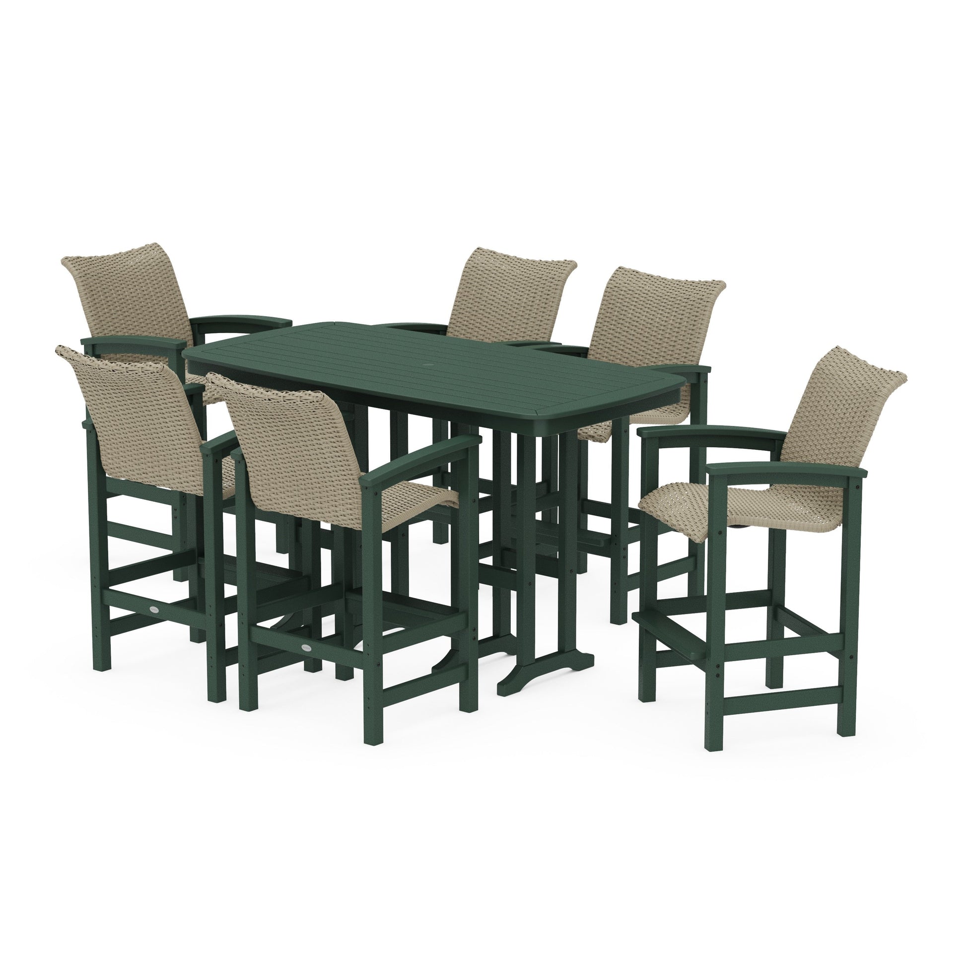 POLYWOOD Coastal Woven Arm Chair 7-Piece Bar Set — Green / Dune Grass