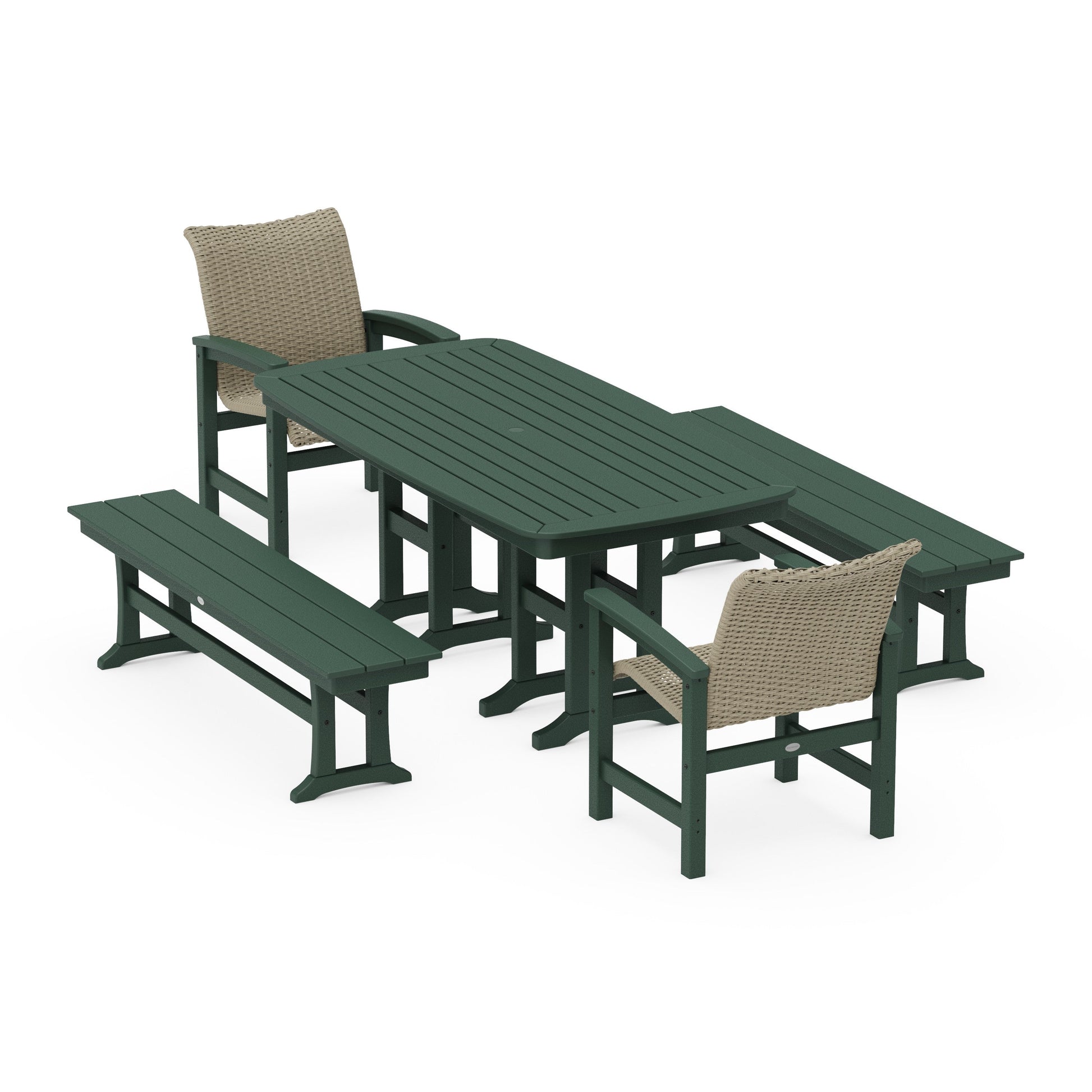 POLYWOOD Coastal Woven 5-Piece Dining Set with Benches — Green / Dune Grass