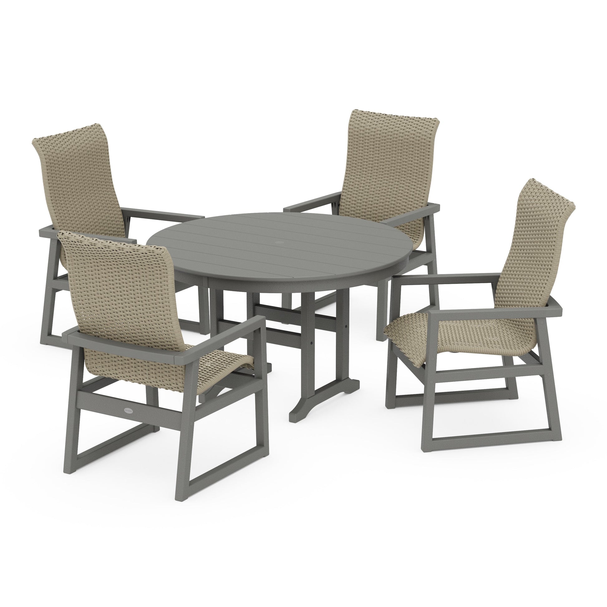POLYWOOD EDGE Woven Highback 5-Piece Round Farmhouse Dining Set — Slate Grey / Dune Grass
