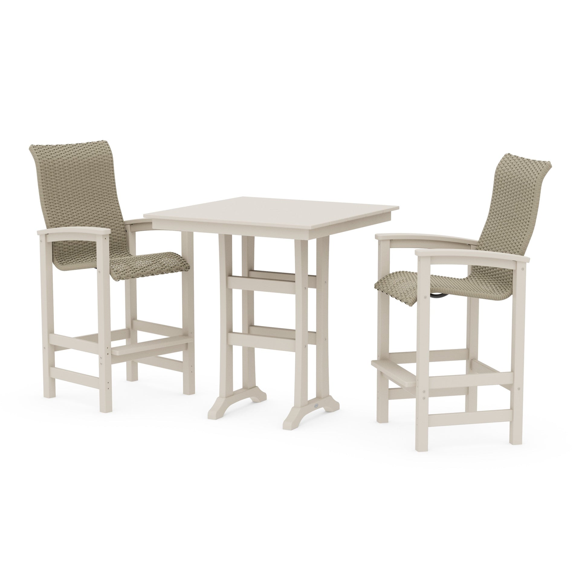 POLYWOOD Coastal Woven High-Back 3-Piece Farmhouse Bar Set with Trestle Legs — Sand / Dune Grass