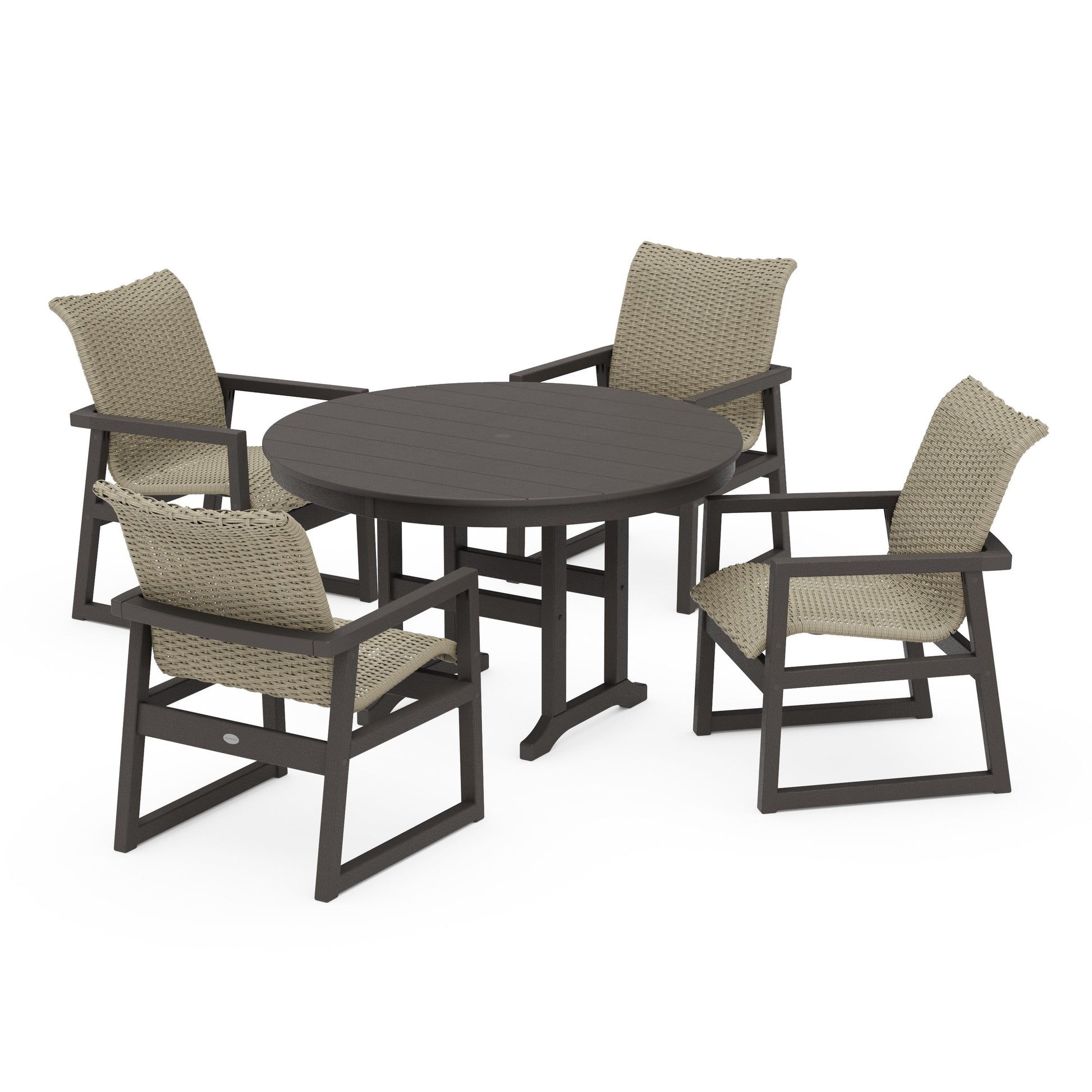 POLYWOOD EDGE Woven 5-Piece Round Farmhouse Dining Set — Vintage Coffee / Dune Grass