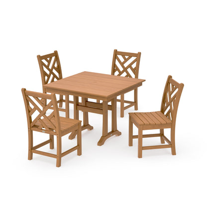 POLYWOOD Chippendale 5-Piece Farmhouse Trestle Side Chair Dining Set — Natural