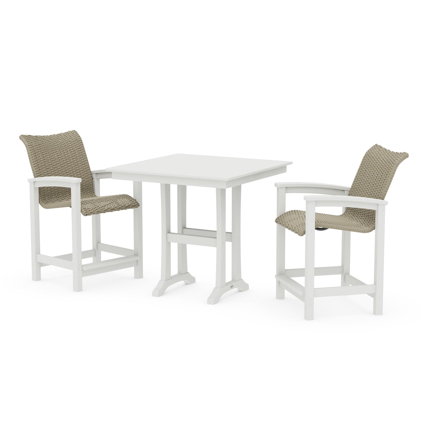 POLYWOOD Coastal Woven 3-Piece Farmhouse Counter Set with Trestle Legs — Vintage White / Dune Grass