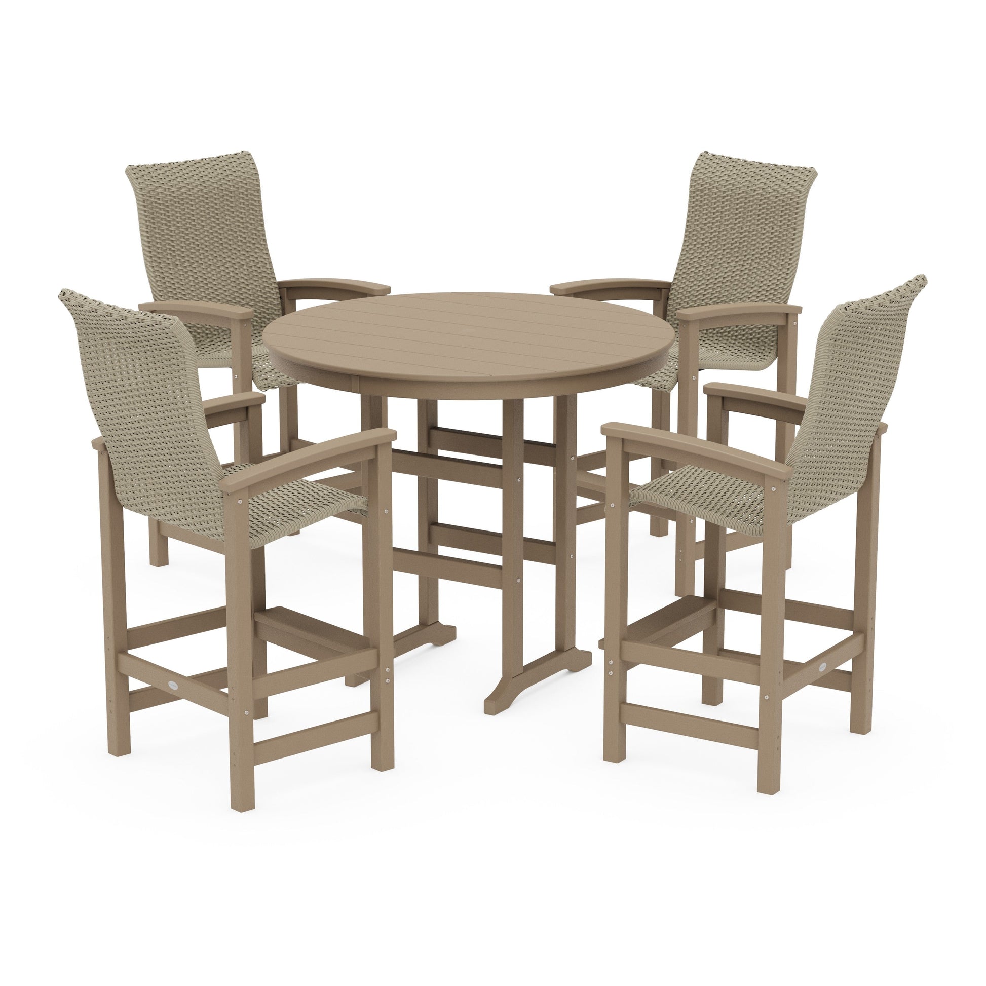 POLYWOOD Coastal Woven High-Back 5-Piece Round Farmhouse Bar Set — Vintage Sahara / Dune Grass