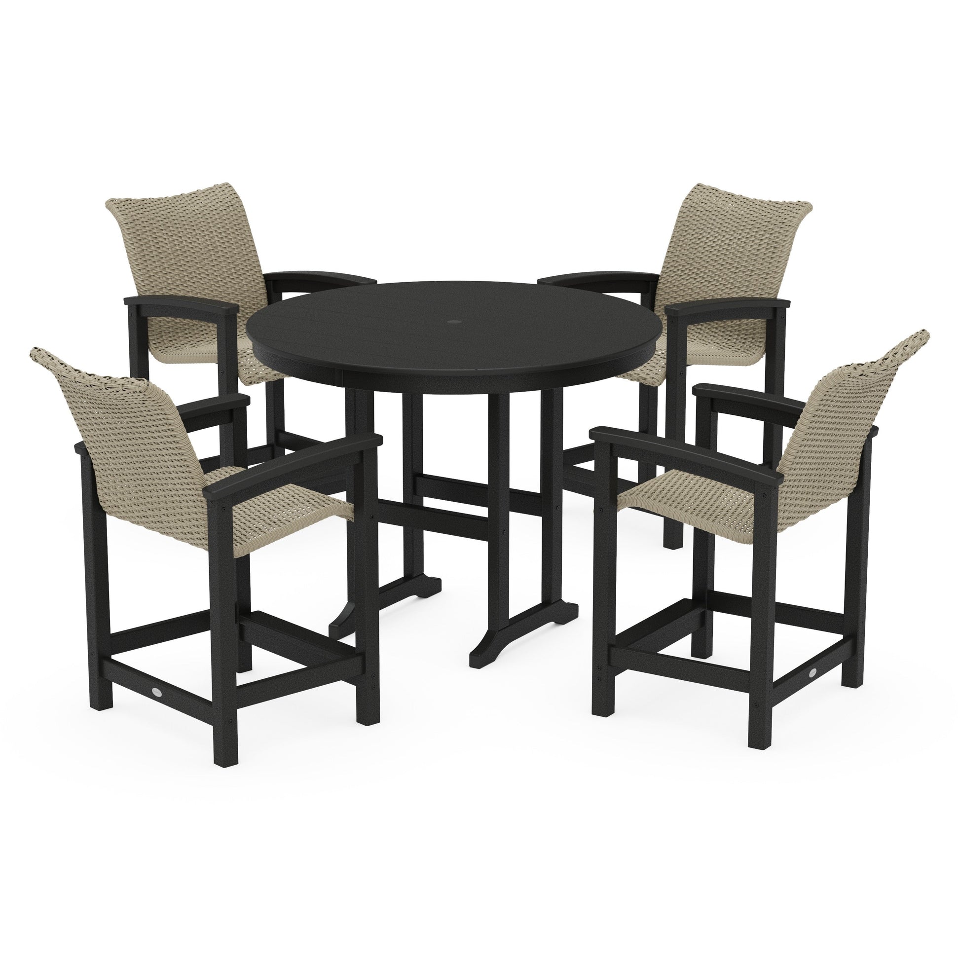 POLYWOOD Coastal Woven 5-Piece Round Farmhouse Counter Set — Black / Dune Grass