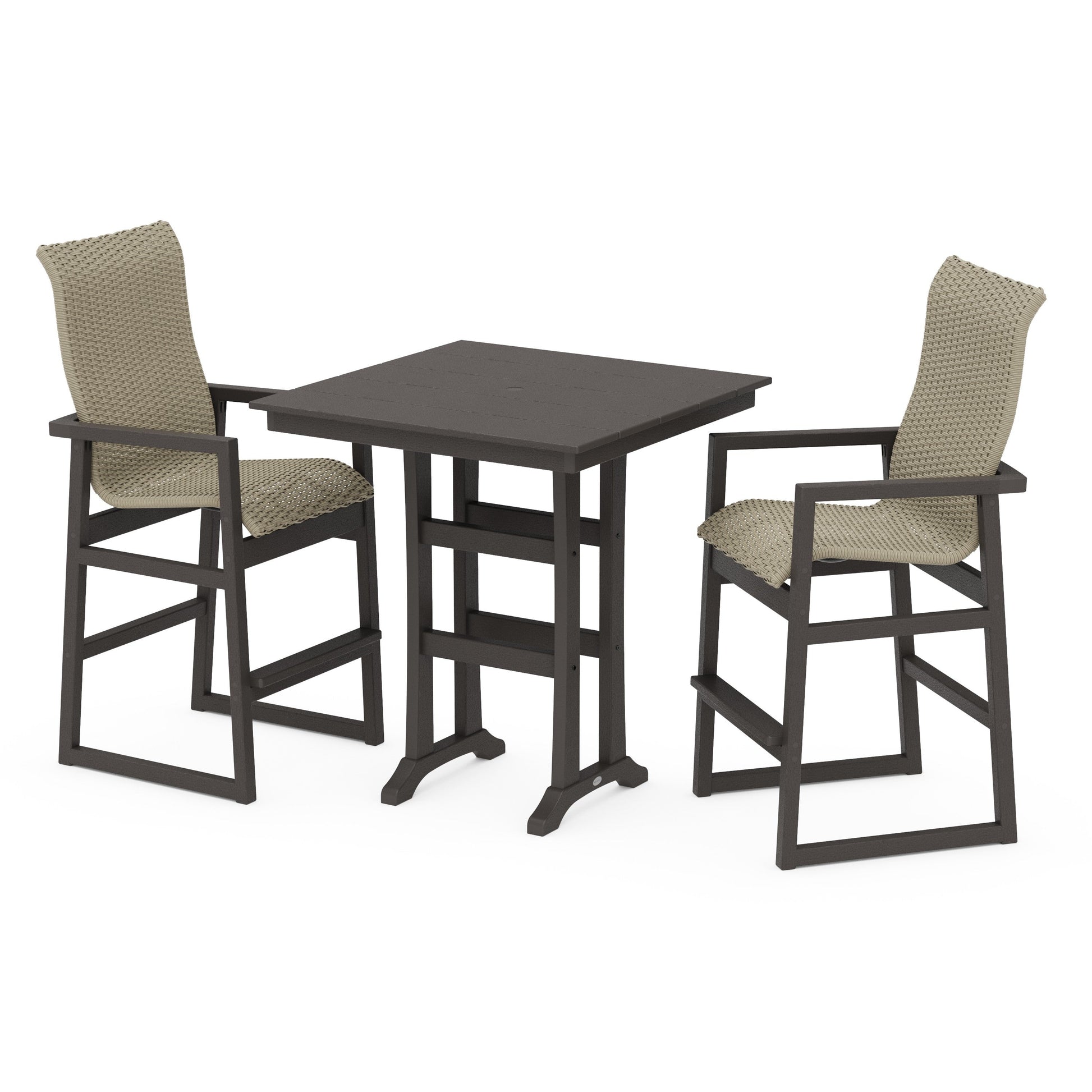 POLYWOOD EDGE Woven Highback 3-Piece Farmhouse Bar Set with Trestle Legs — Vintage Coffee / Dune Grass