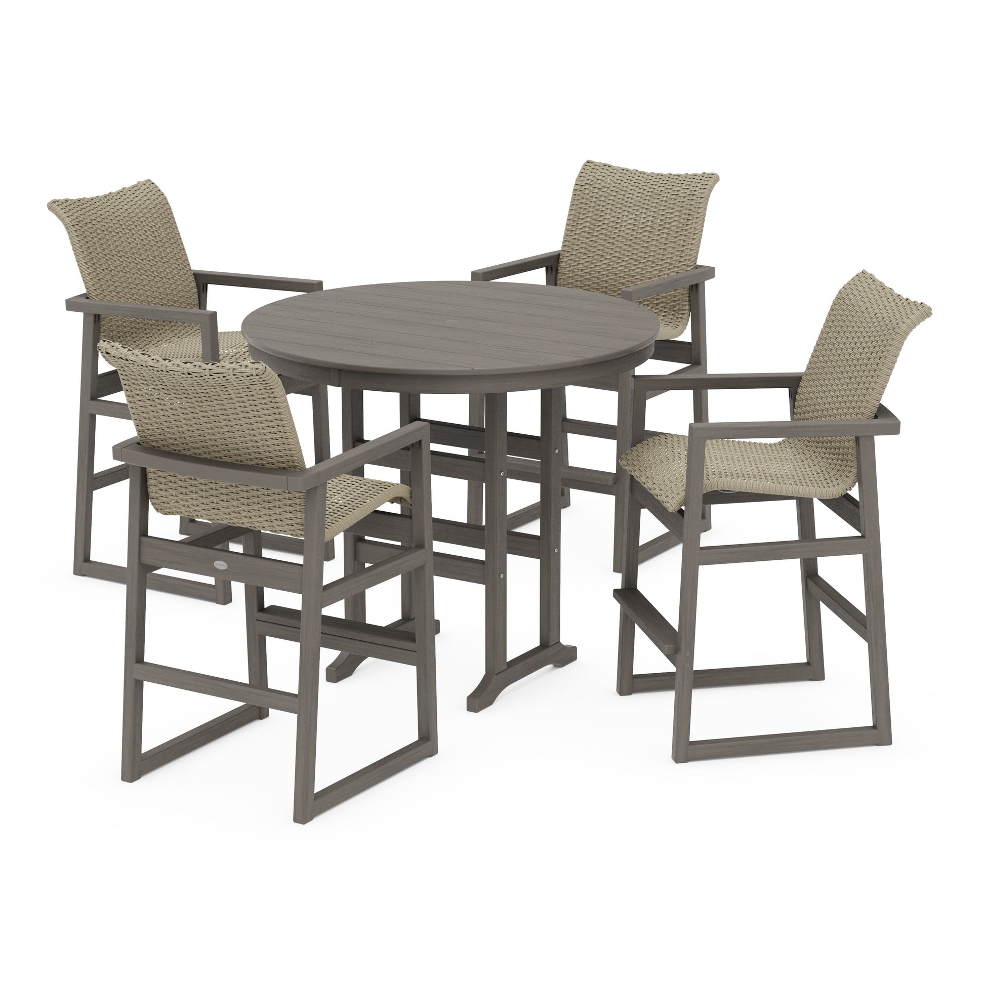 POLYWOOD EDGE Woven 5-Piece Round Farmhouse Bar Set — Driftwood / Dune Grass