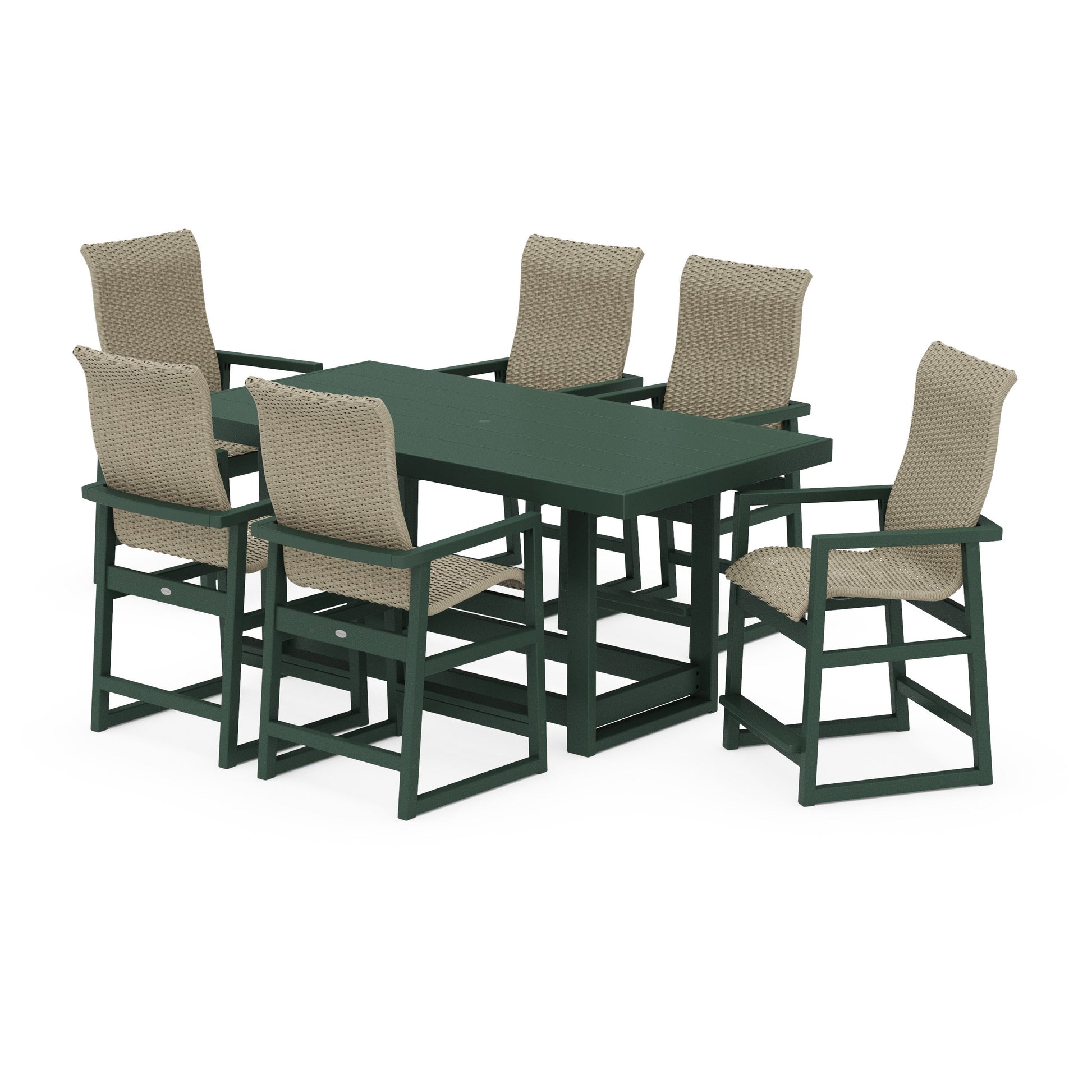 POLYWOOD EDGE Woven Highback Arm Chair 7-Piece Counter Set — Green / Dune Grass