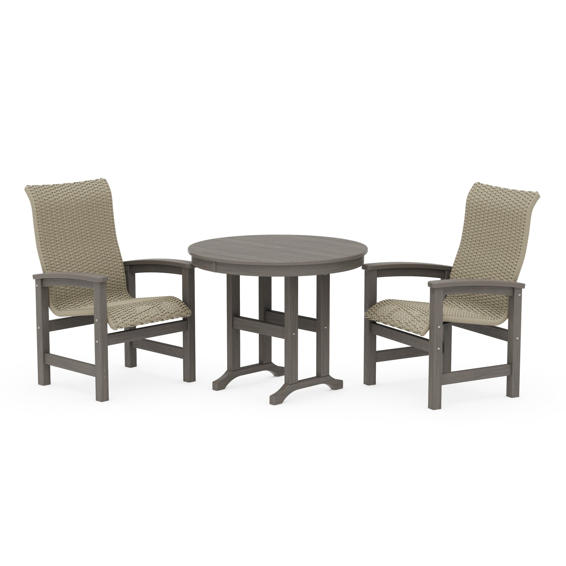 POLYWOOD Coastal Woven High-Back 3-Piece Farmhouse Dining Set — Driftwood / Dune Grass