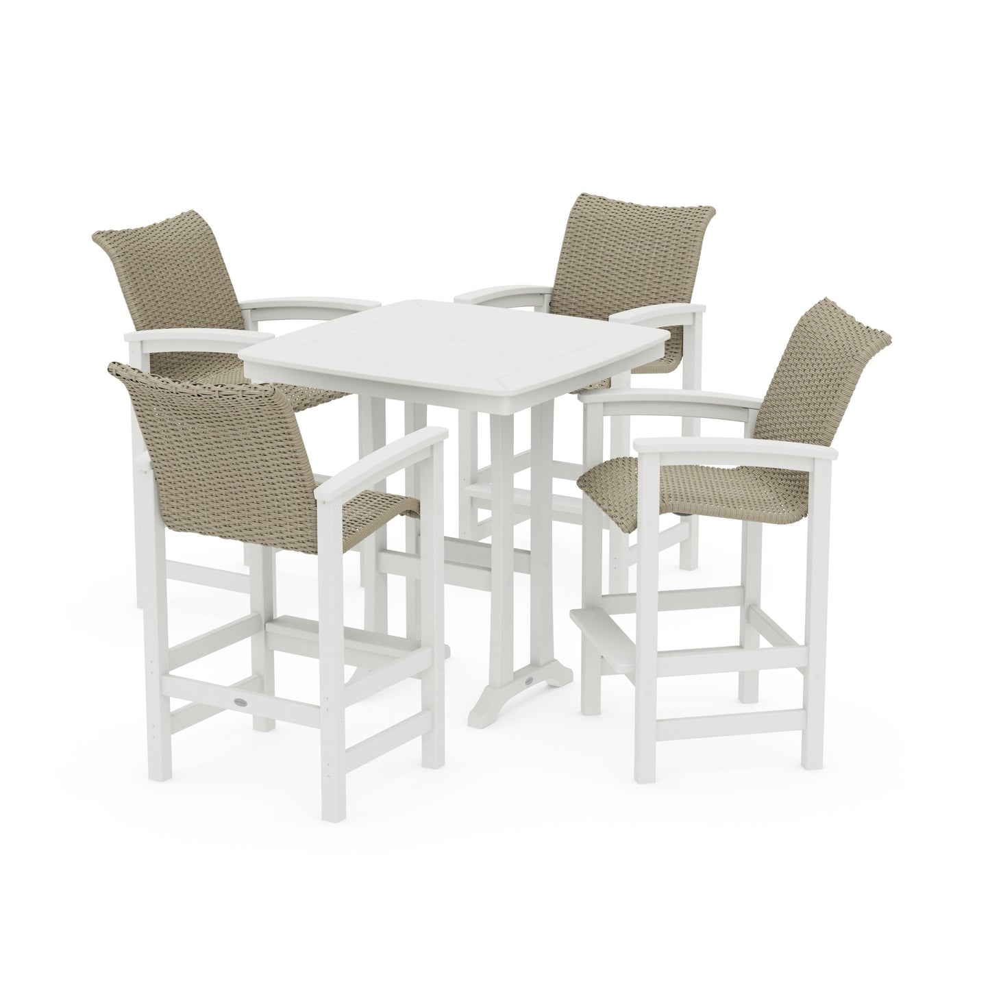 POLYWOOD Coastal Woven 5-Piece Bar Set with Trestle Legs — Vintage White / Dune Grass