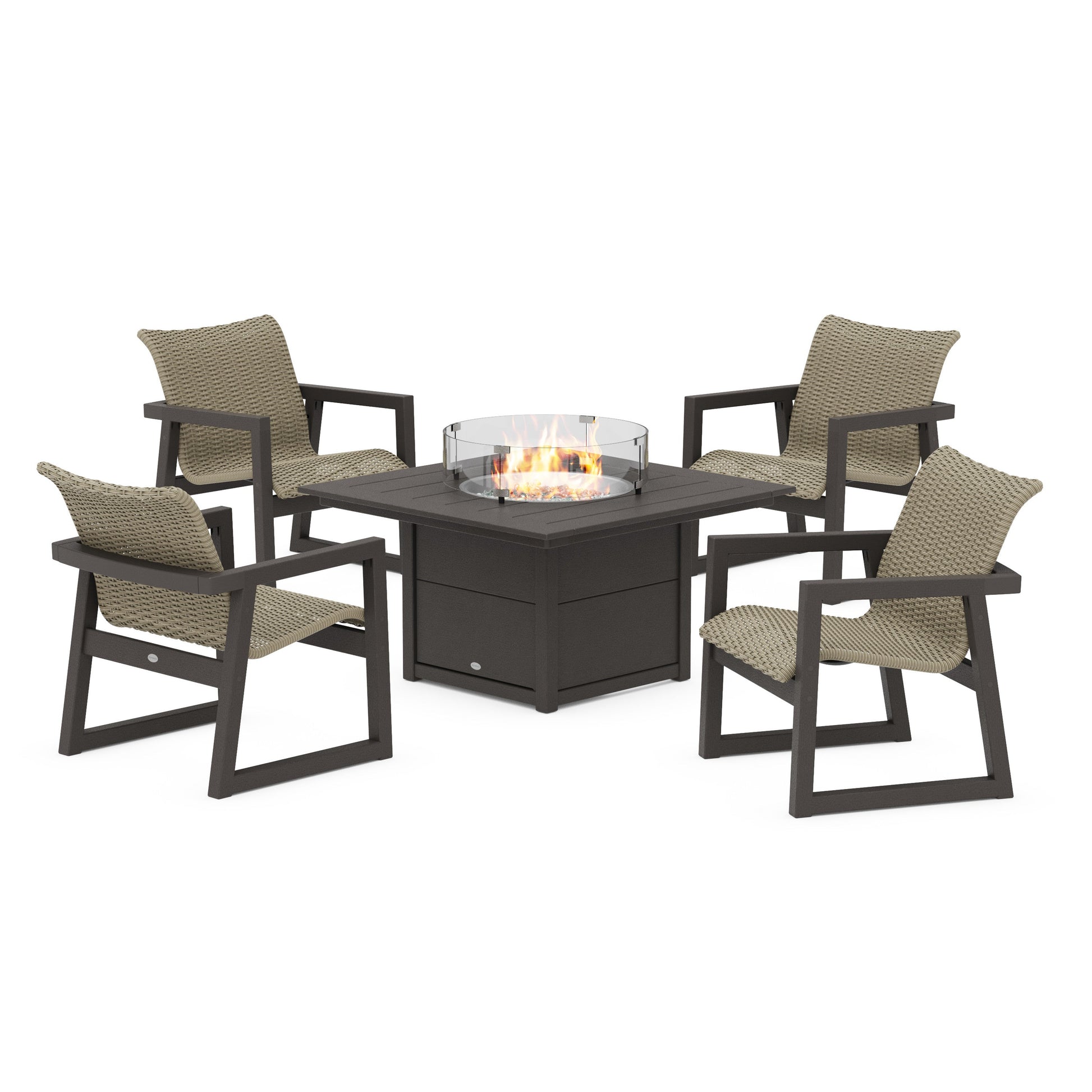 POLYWOOD EDGE Woven 5-Piece Lounge Chair Seating Set with Fire Pit Table — Vintage Coffee / Dune Grass