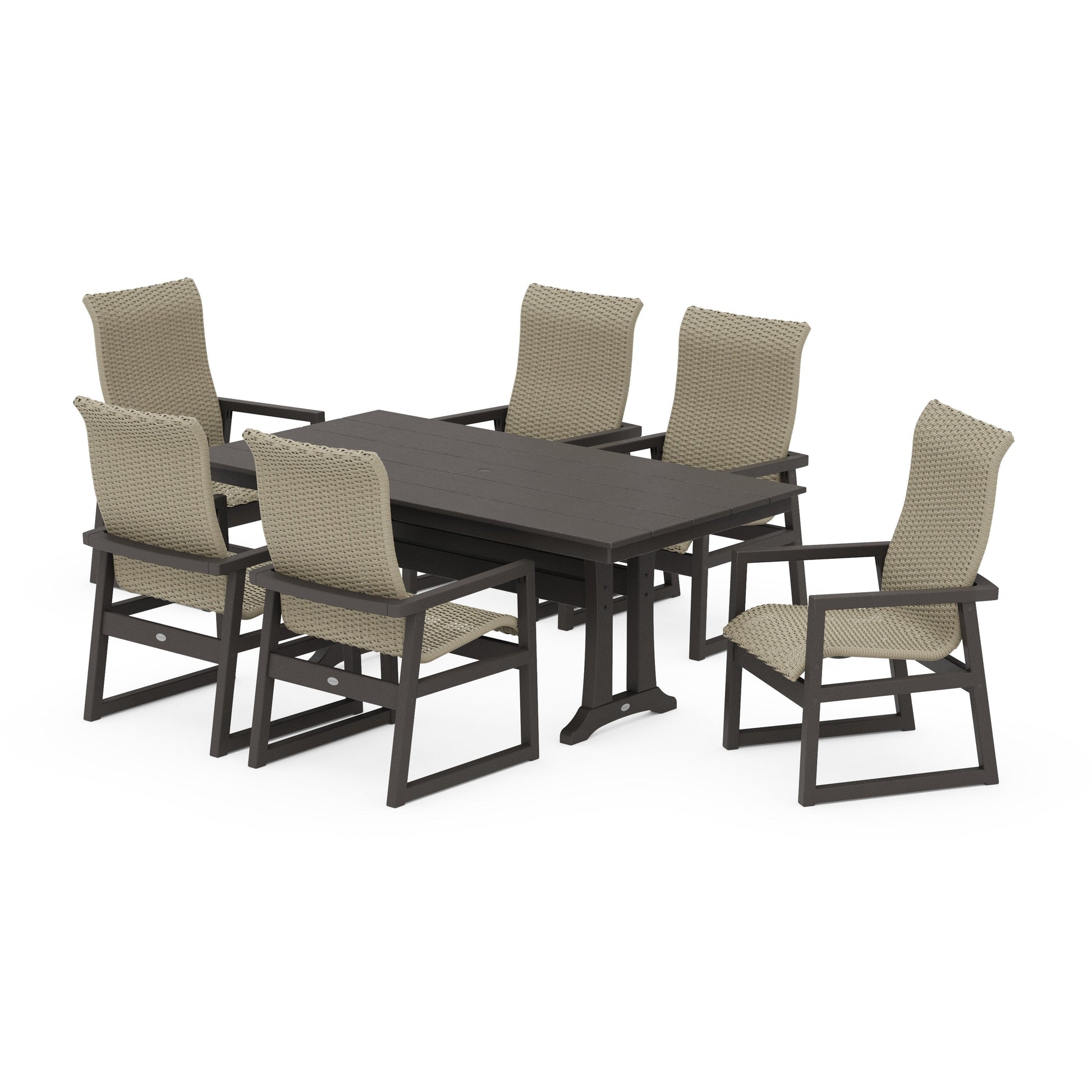 POLYWOOD EDGE Woven Highback Arm Chair 7-Piece Farmhouse Dining Set with Trestle Legs — Vintage Coffee / Dune Grass