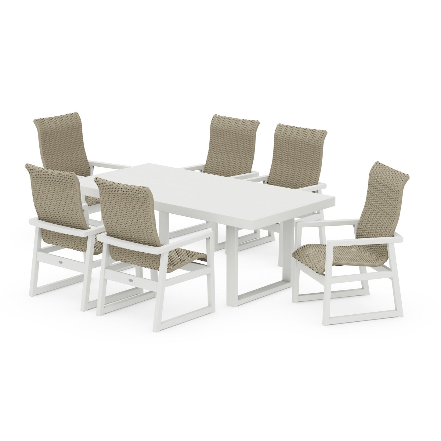 POLYWOOD EDGE Woven Highback Arm Chair 7-Piece Dining Set — Vintage White / Dune Grass