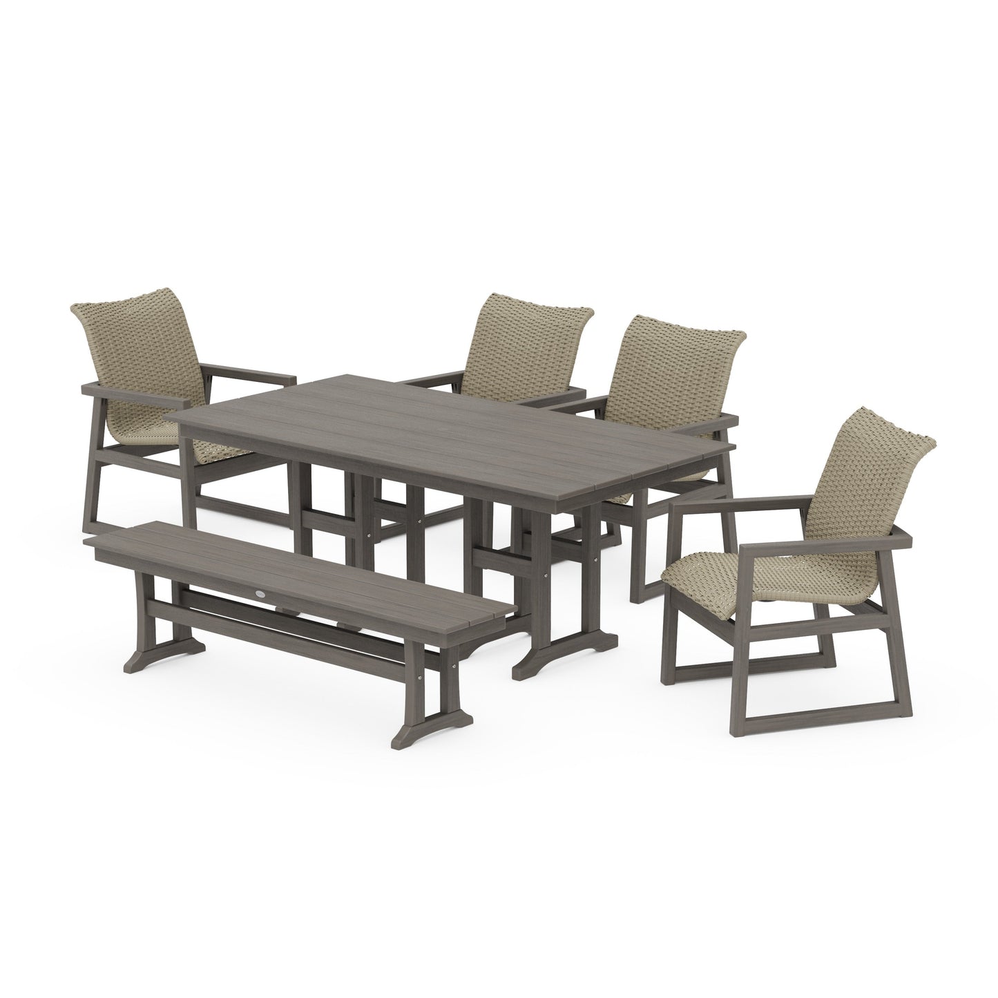 POLYWOOD EDGE Woven 6-Piece Farmhouse Dining Set with Bench — Driftwood / Dune Grass