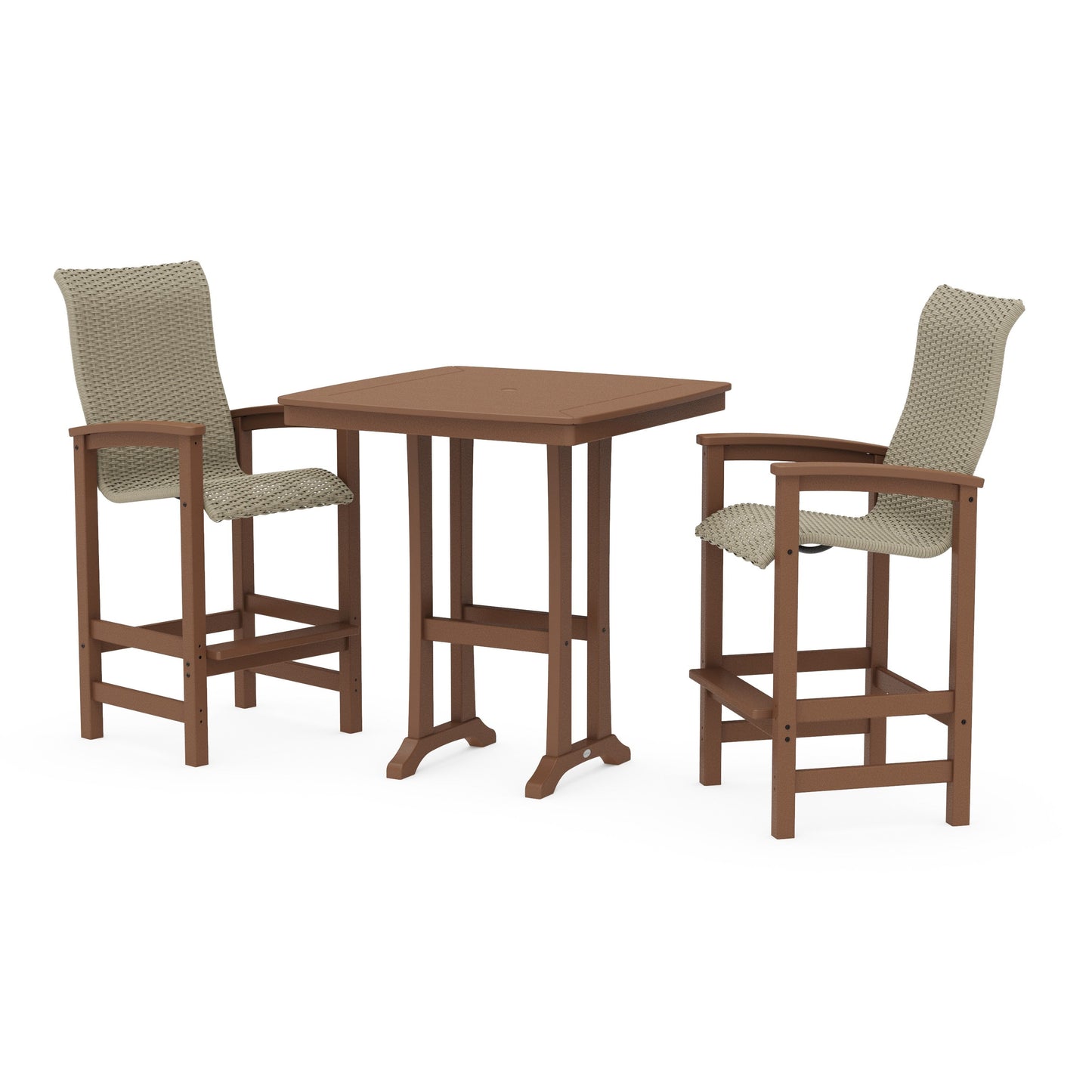 POLYWOOD Coastal Woven High-Back 3-Piece Bar Set — Teak / Dune Grass