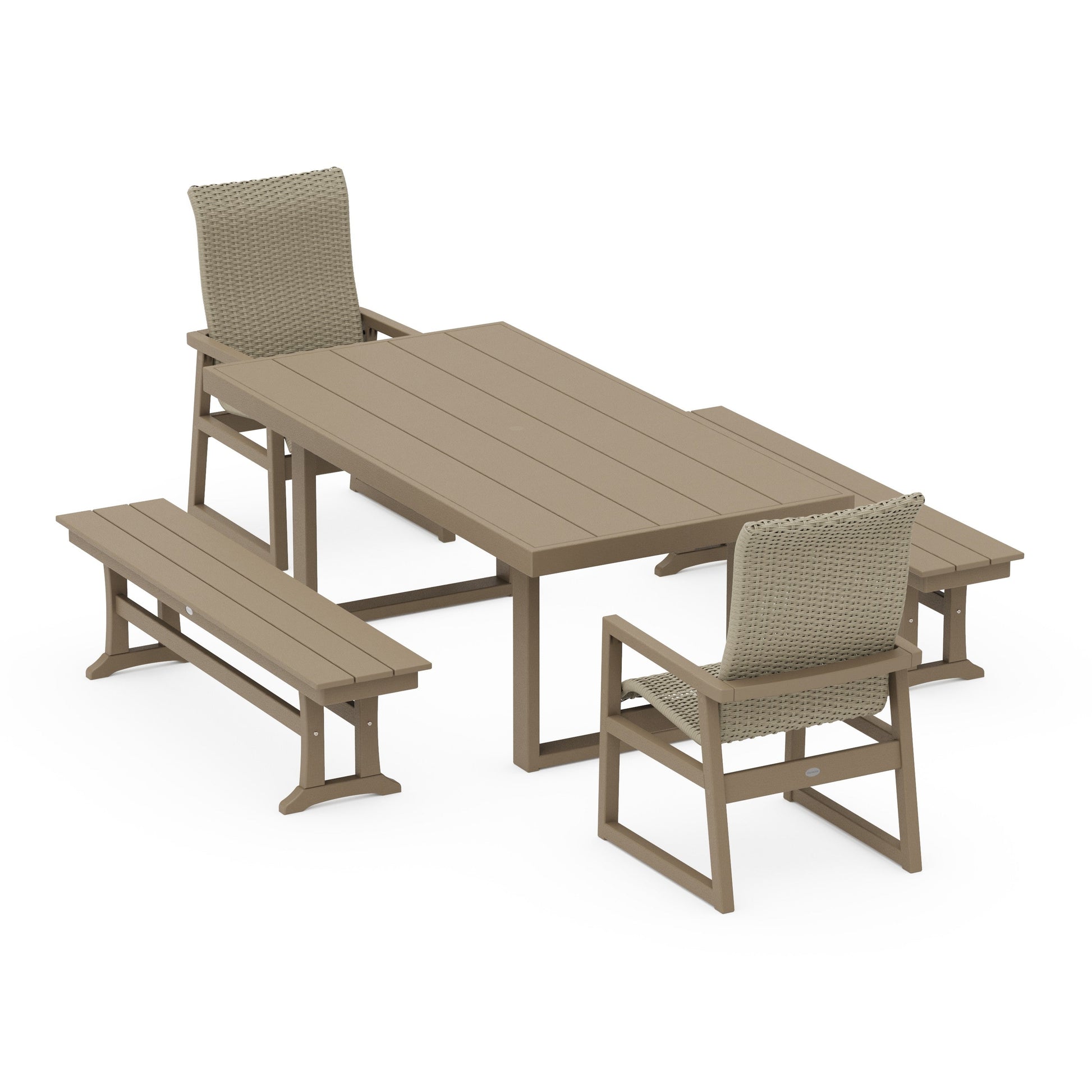 POLYWOOD EDGE Woven Highback 5-Piece Dining Set with Benches — Vintage Sahara / Dune Grass