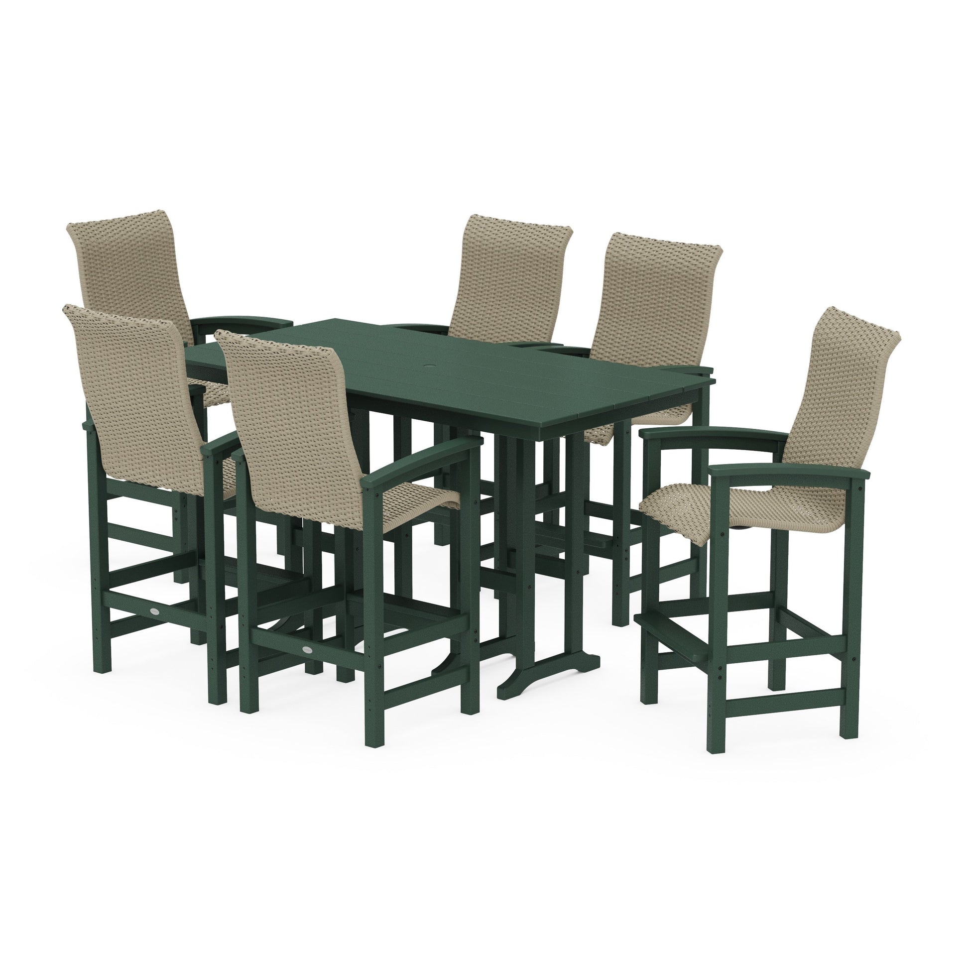 POLYWOOD Coastal Woven High-Back Arm Chair 7-Piece Farmhouse Bar Set — Green / Dune Grass