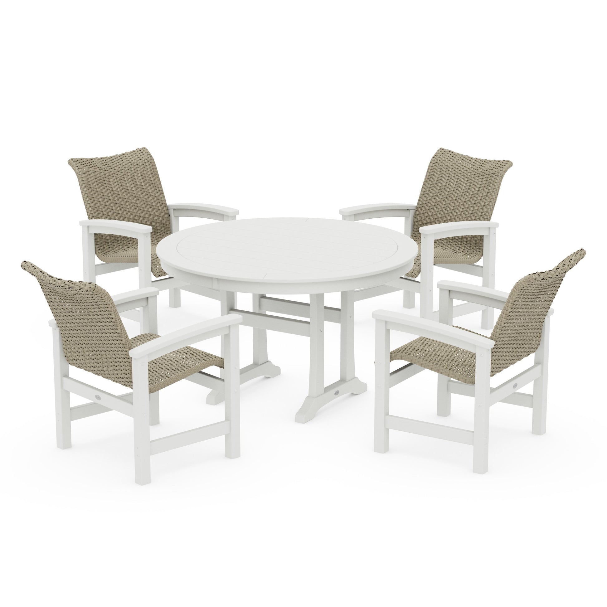 POLYWOOD Coastal Woven 5-Piece Round Dining Set with Trestle Legs — Vintage White / Dune Grass