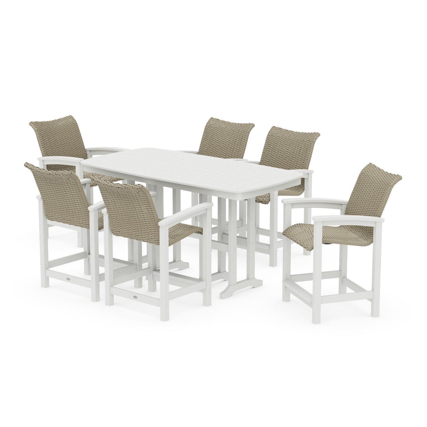 POLYWOOD Coastal Woven Arm Chair 7-Piece Counter Set — Vintage White / Dune Grass