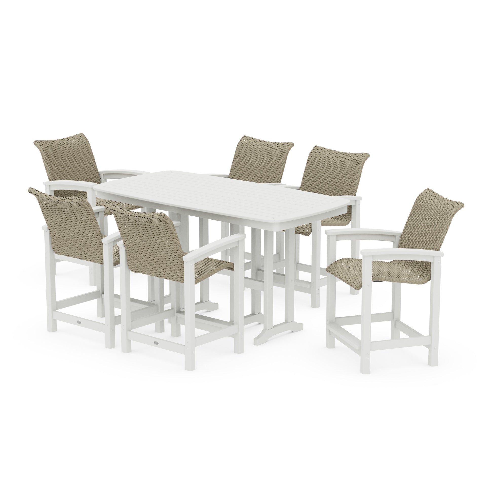 POLYWOOD Coastal Woven Arm Chair 7-Piece Counter Set — Vintage White / Dune Grass