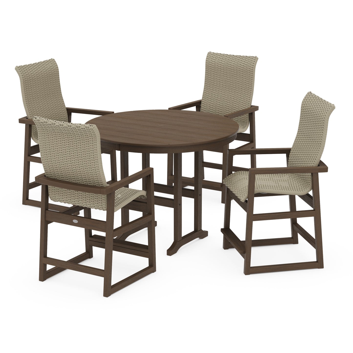 POLYWOOD EDGE Woven Highback 5-Piece Round Farmhouse Counter Set — Kona / Dune Grass