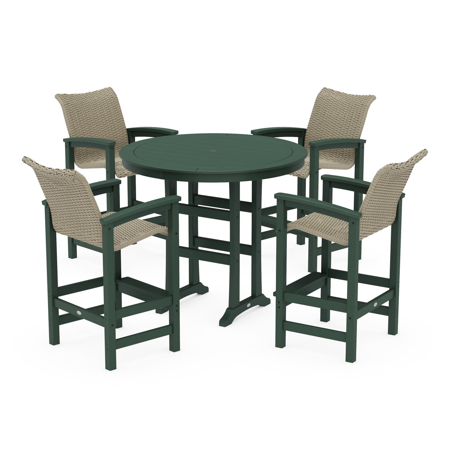 POLYWOOD Coastal Woven 5-Piece Round Bar Set — Green / Dune Grass