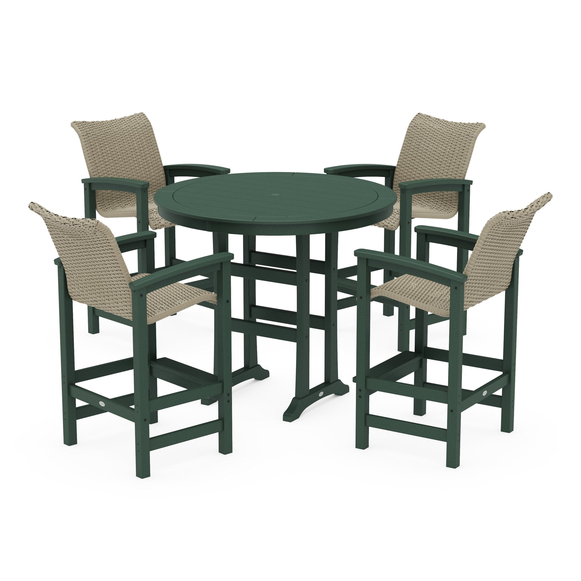 POLYWOOD Coastal Woven 5-Piece Round Bar Set — Green / Dune Grass
