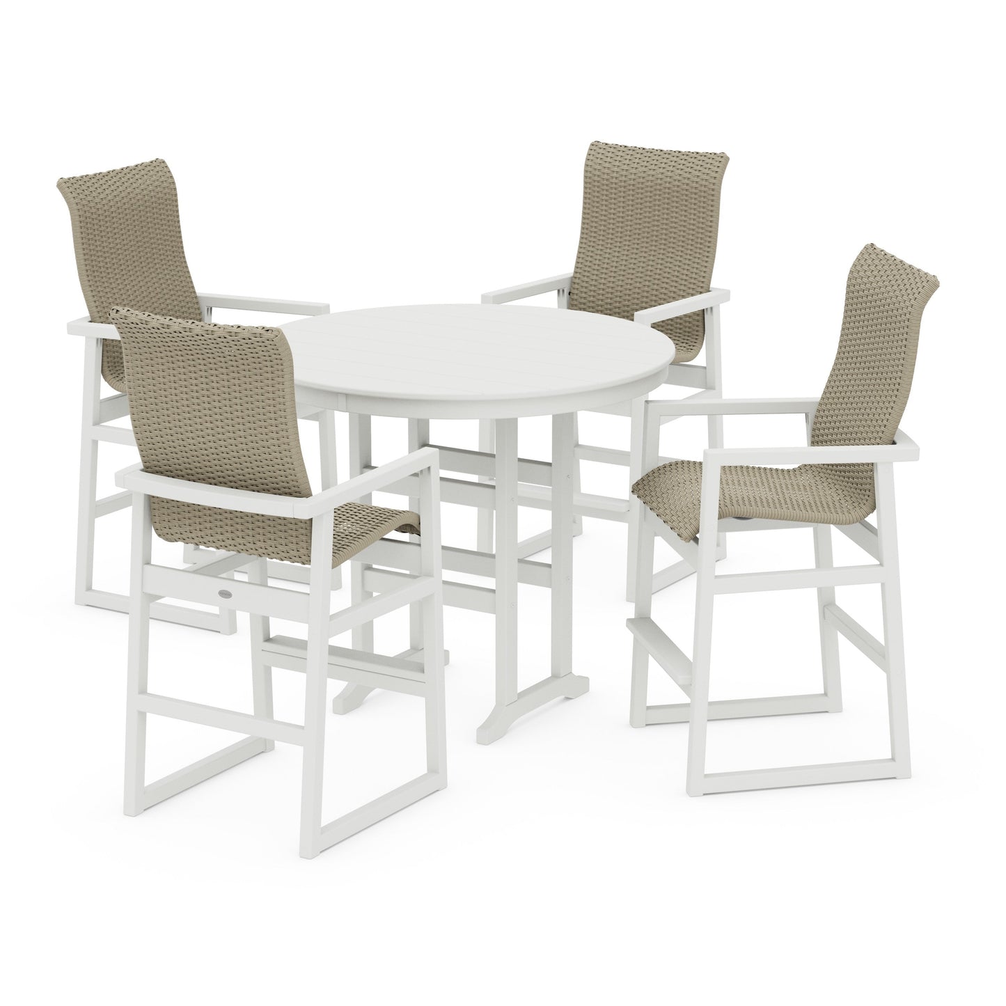 POLYWOOD EDGE Woven Highback 5-Piece Round Farmhouse Bar Set — White / Dune Grass