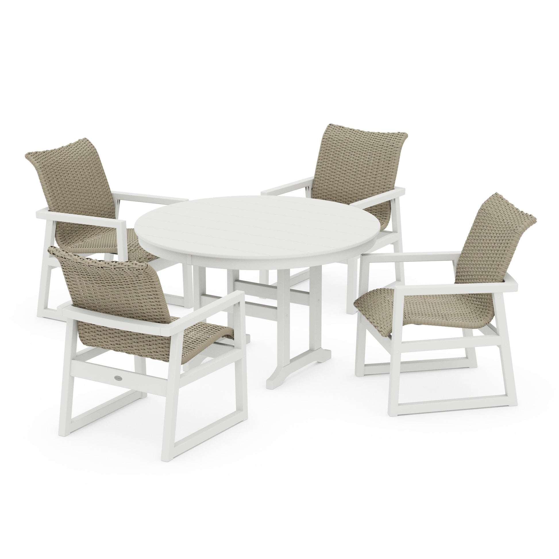 POLYWOOD EDGE Woven 5-Piece Round Farmhouse Dining Set — White / Dune Grass