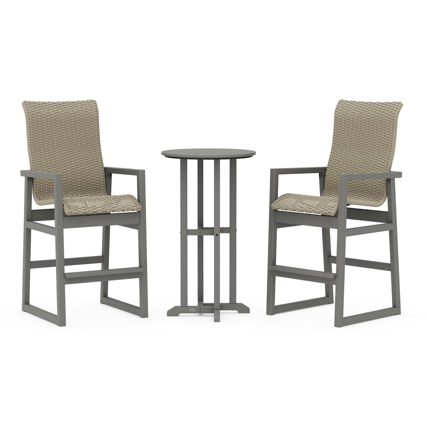 POLYWOOD EDGE Woven Highback 3-Piece Farmhouse Bar Set — Slate Grey / Dune Grass