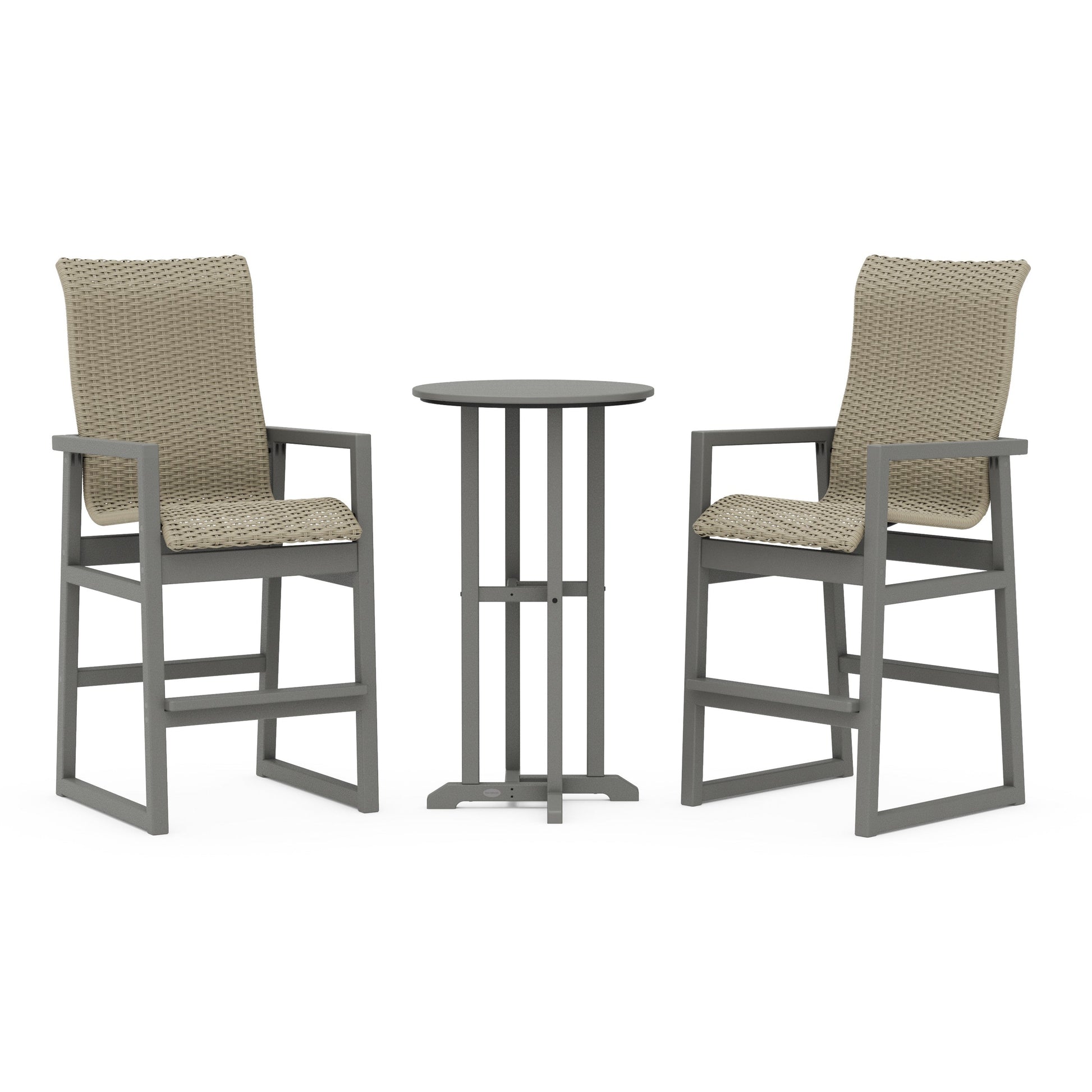 POLYWOOD EDGE Woven Highback 3-Piece Farmhouse Bar Set — Slate Grey / Dune Grass