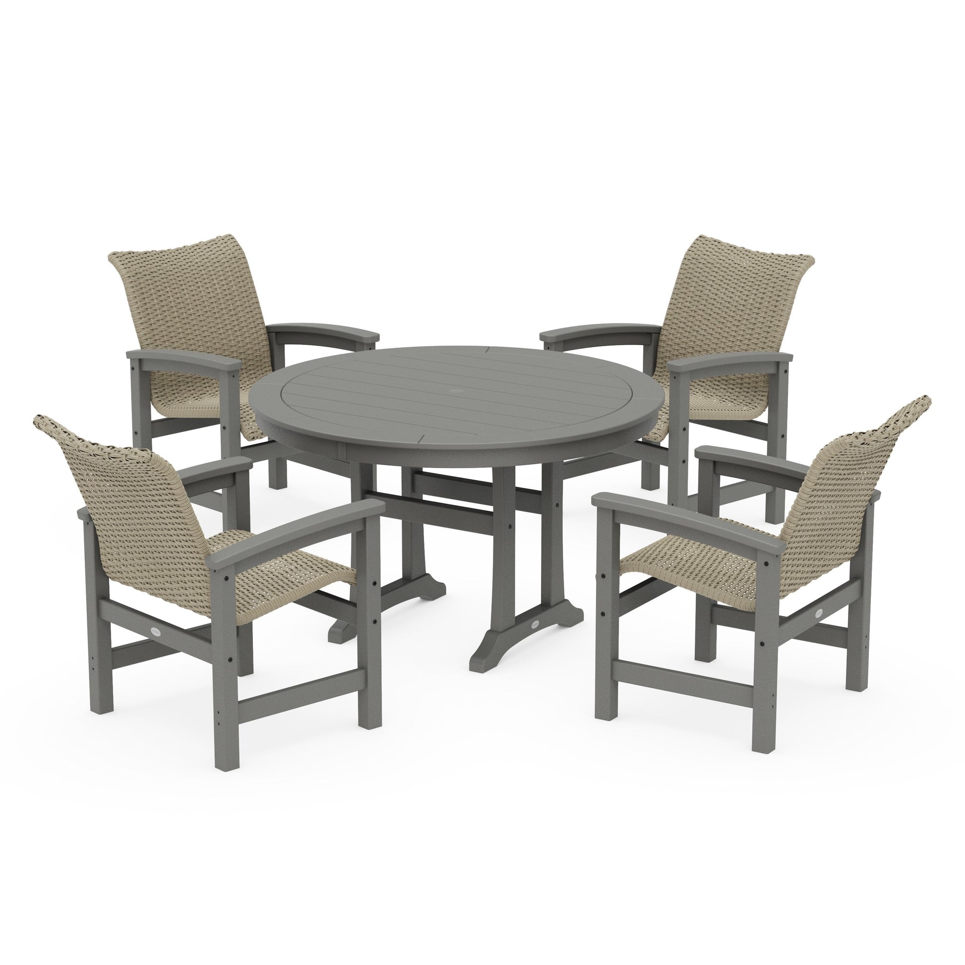 POLYWOOD Coastal Woven 5-Piece Round Dining Set with Trestle Legs — Slate Grey / Dune Grass