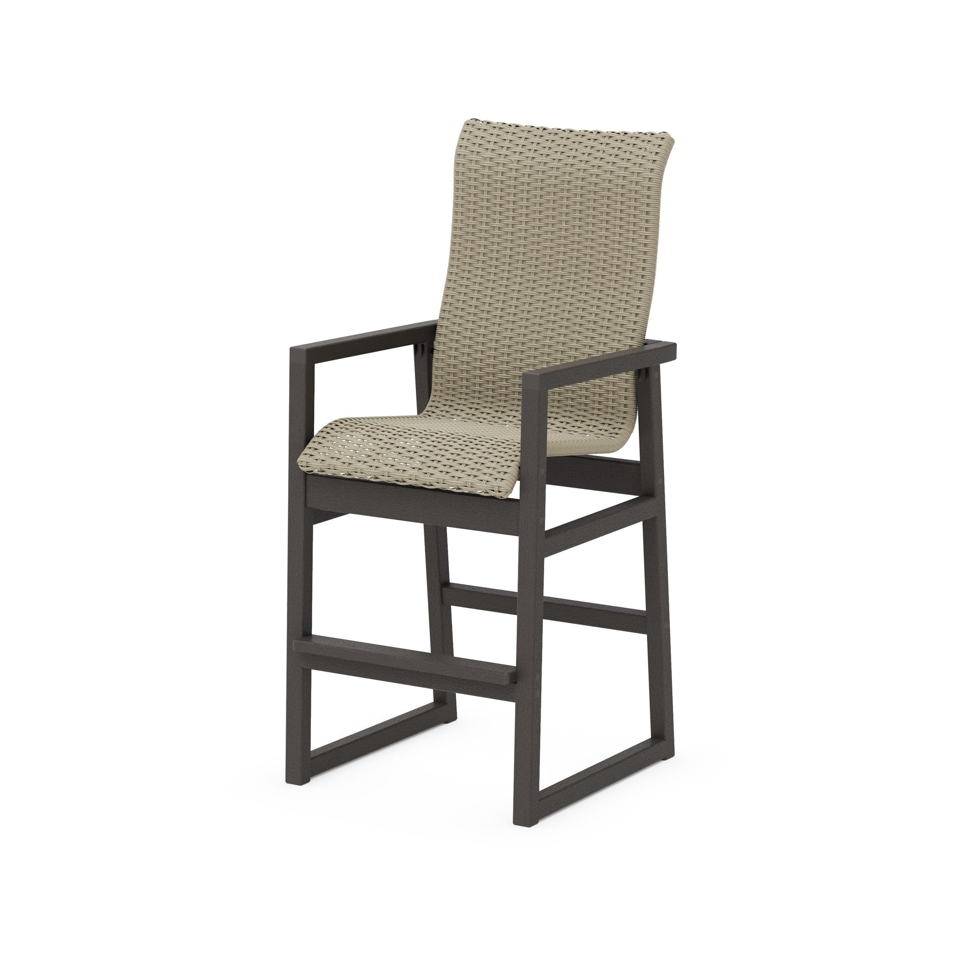 POLYWOOD EDGE Woven High-Back Bar Arm Chair — Vintage Coffee / Dune Grass