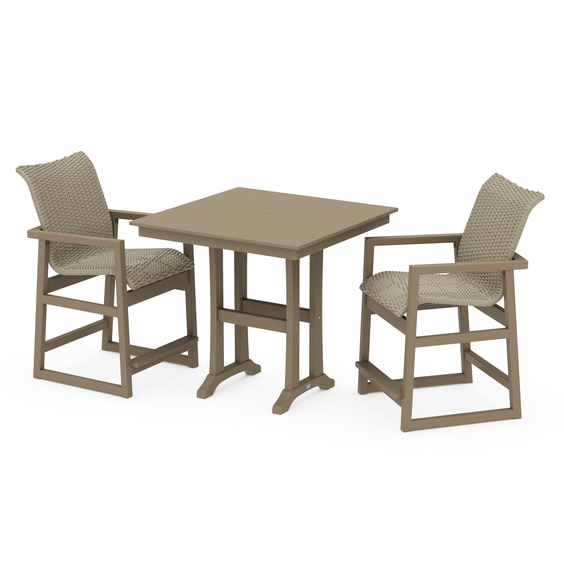 POLYWOOD EDGE Woven 3-Piece Farmhouse Counter Set with Trestle Legs — Vintage Sahara / Dune Grass