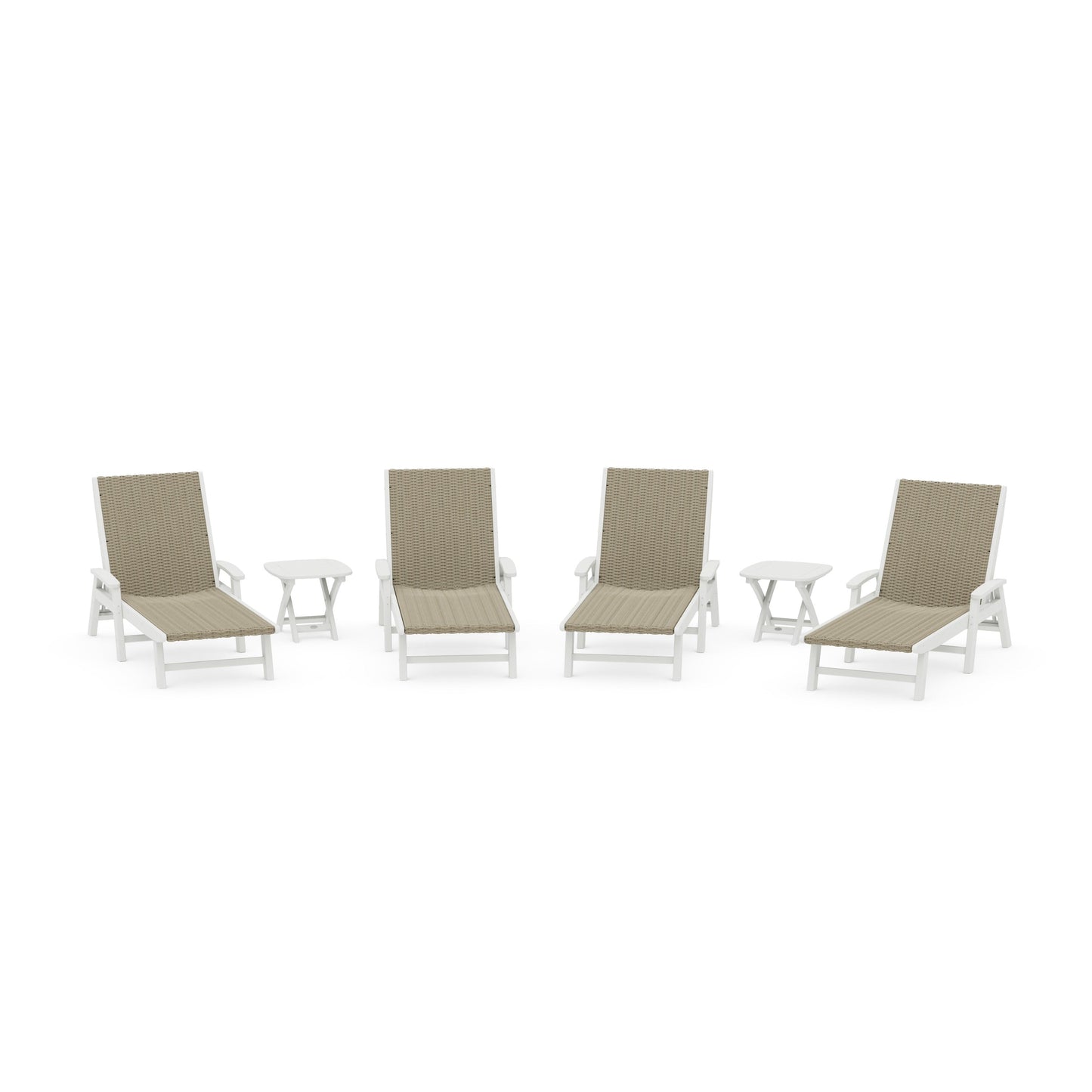 POLYWOOD 6- Piece Coastal Woven Chaise with Arms Chaise Lounge Set — Vintage White / Dune Grass
