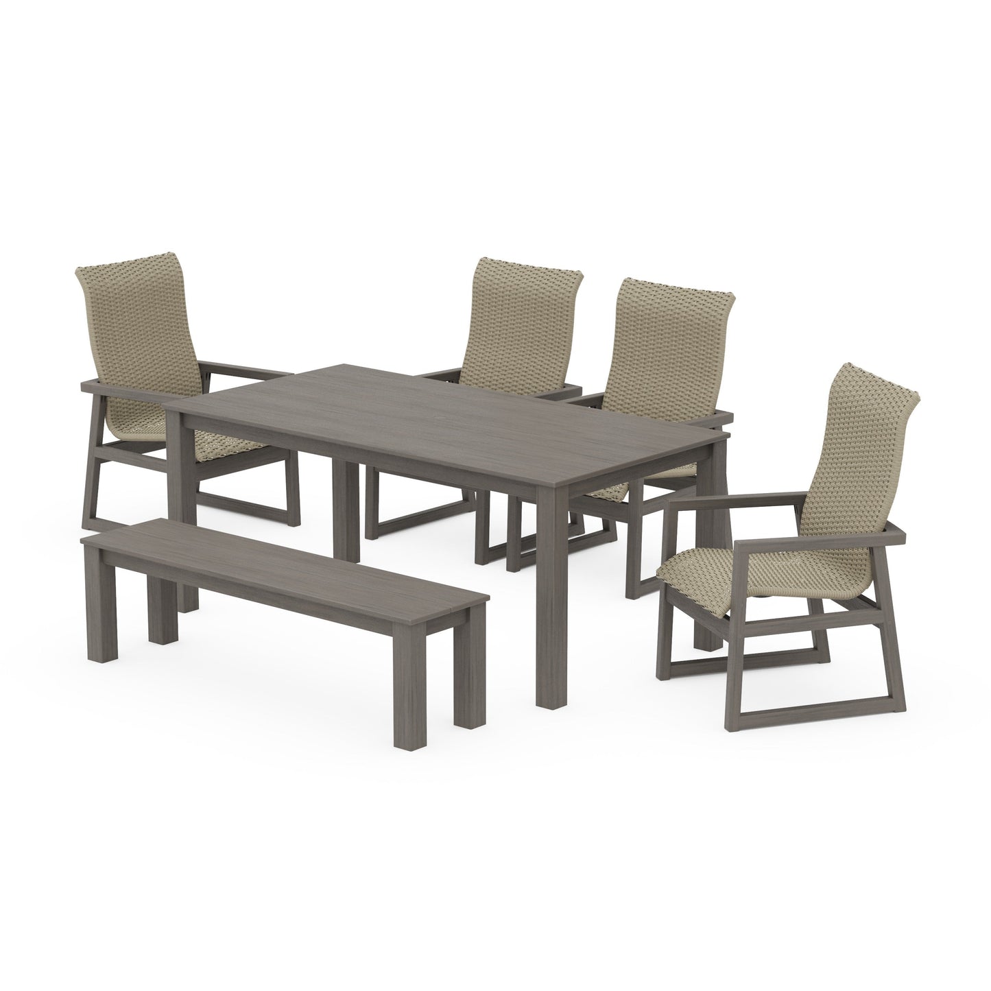 POLYWOOD EDGE Woven Highback 6-Piece Parsons Dining Set with Bench — Driftwood / Dune Grass