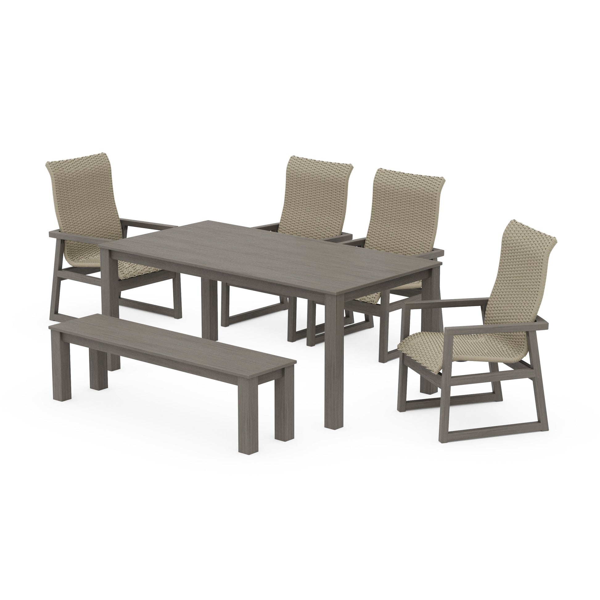 POLYWOOD EDGE Woven Highback 6-Piece Parsons Dining Set with Bench — Driftwood / Dune Grass
