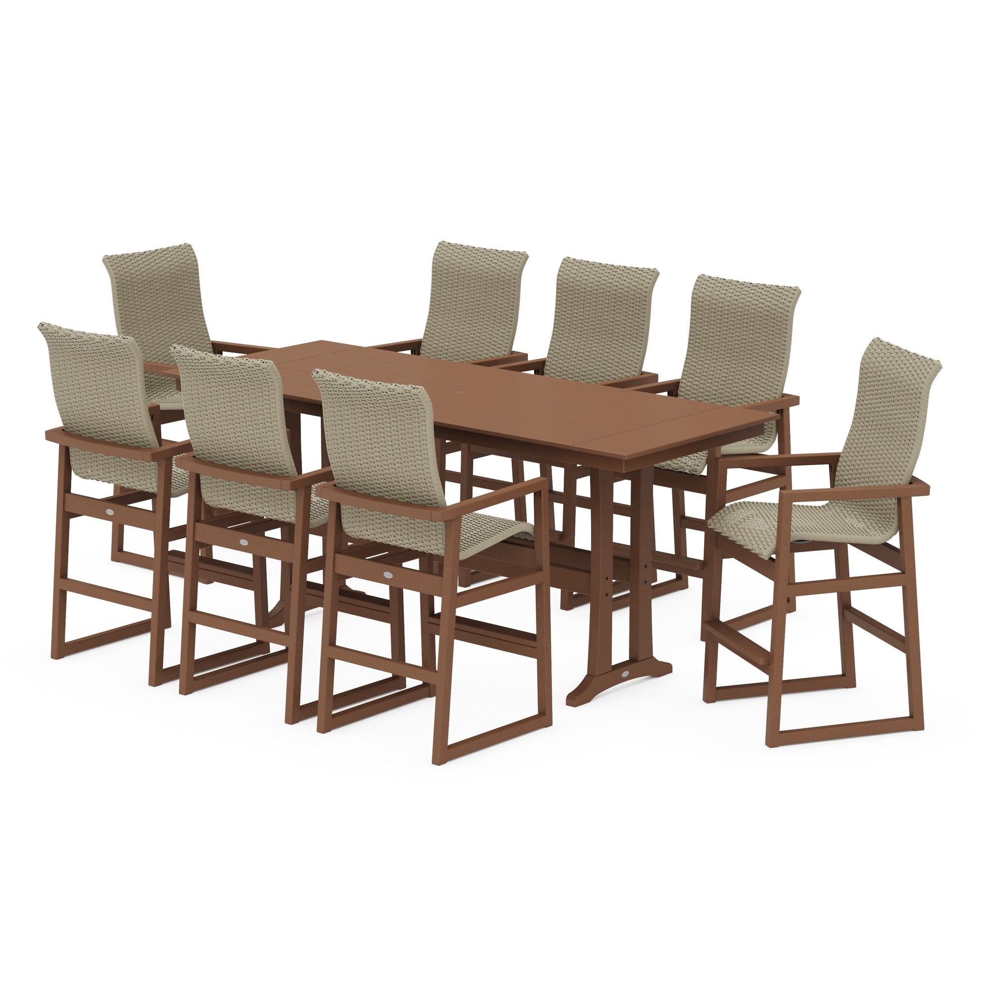 POLYWOOD EDGE Woven Highback 9-Piece Farmhouse Bar Set with Trestle Legs — Teak / Dune Grass