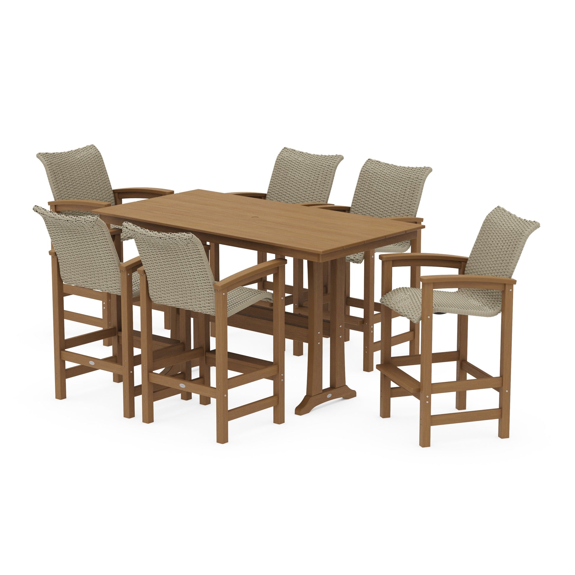 POLYWOOD Coastal Woven Arm Chair 7-Piece Farmhouse Bar Set with Trestle Legs — Natural / Dune Grass