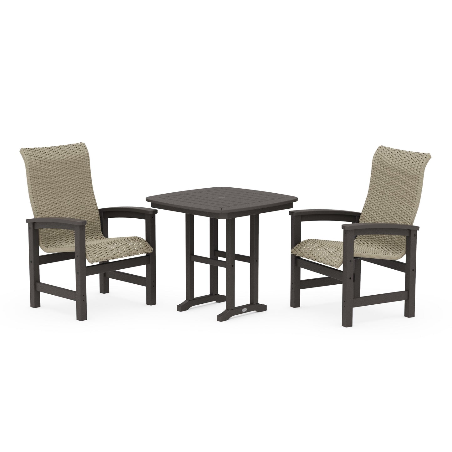 POLYWOOD Coastal Woven High-Back 3-Piece Dining Set — Vintage Coffee / Dune Grass