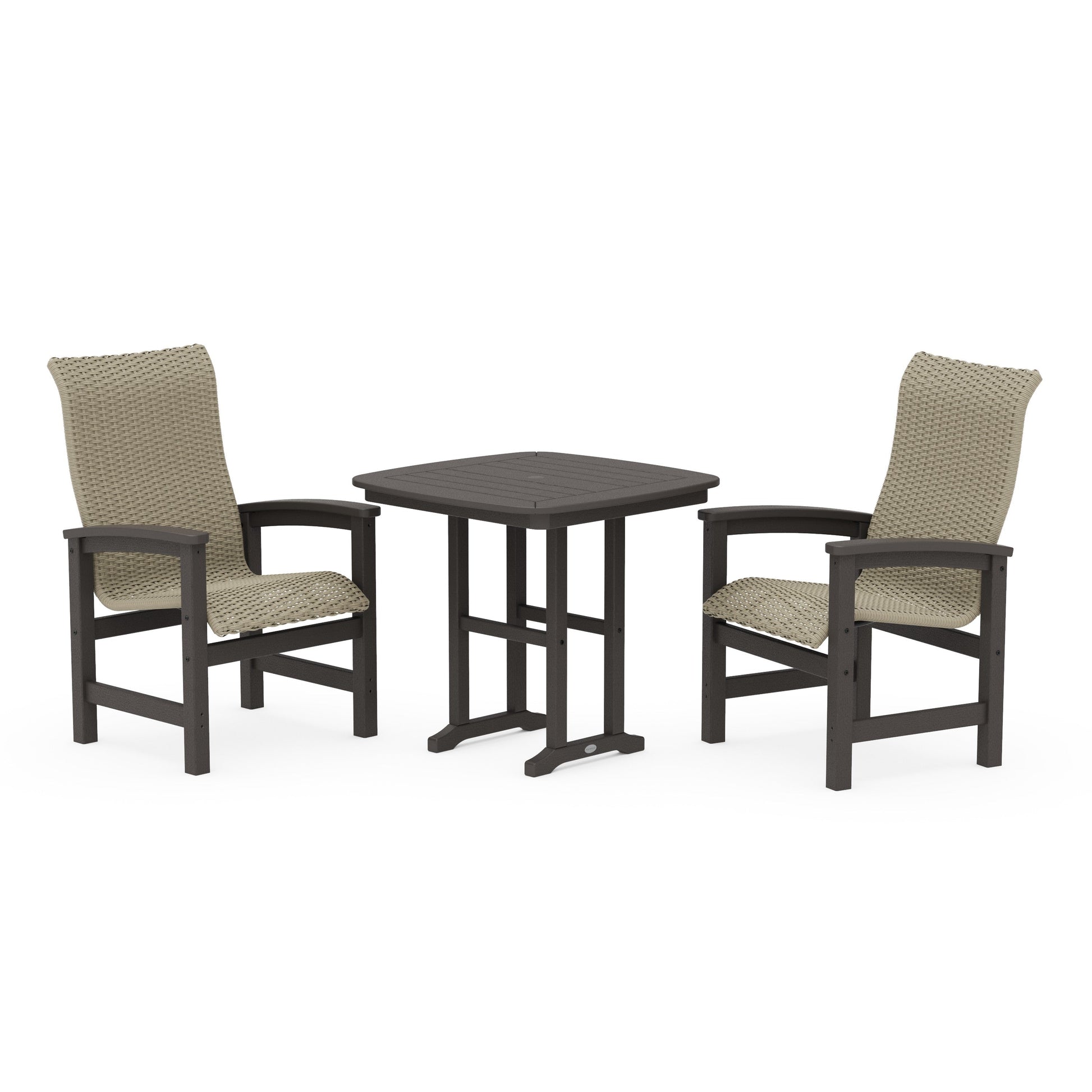 POLYWOOD Coastal Woven High-Back 3-Piece Dining Set — Vintage Coffee / Dune Grass