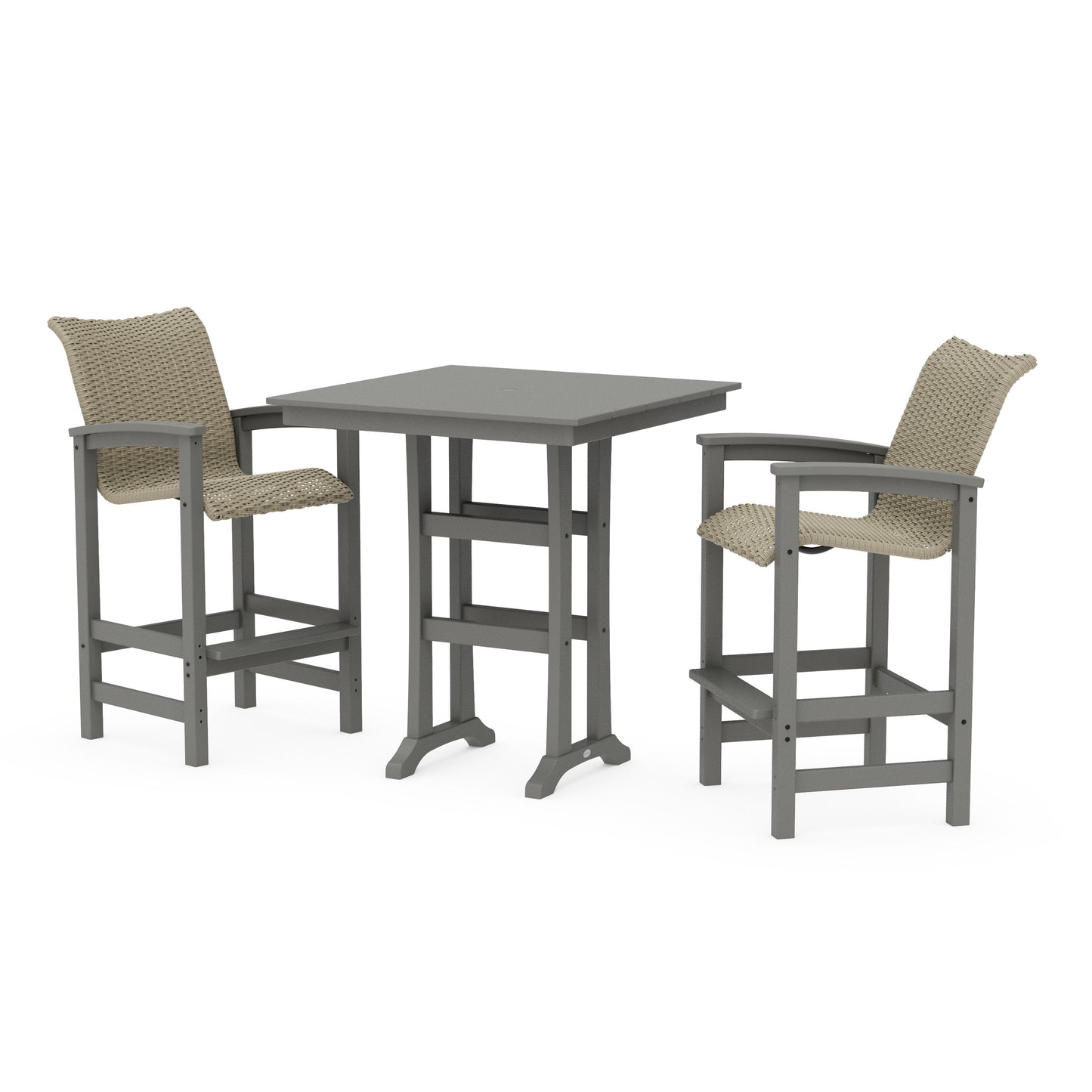 POLYWOOD Coastal Woven 3-Piece Farmhouse Bar Set with Trestle Legs — Slate Grey / Dune Grass