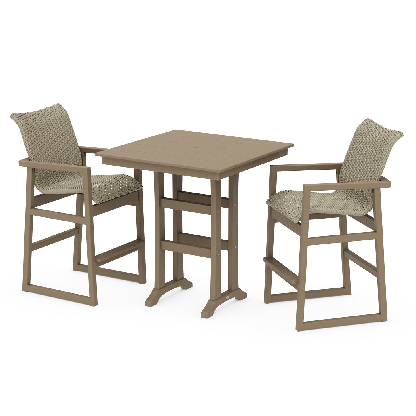 POLYWOOD EDGE Woven 3-Piece Farmhouse Bar Set with Trestle Legs — Vintage Sahara / Dune Grass