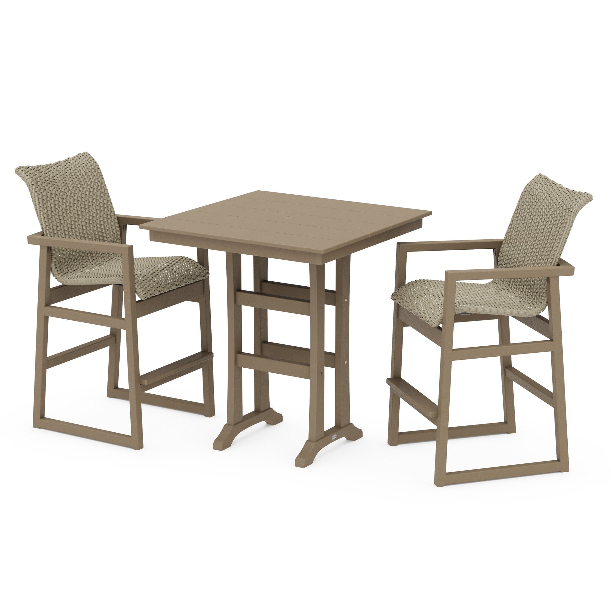 POLYWOOD EDGE Woven 3-Piece Farmhouse Bar Set with Trestle Legs — Vintage Sahara / Dune Grass