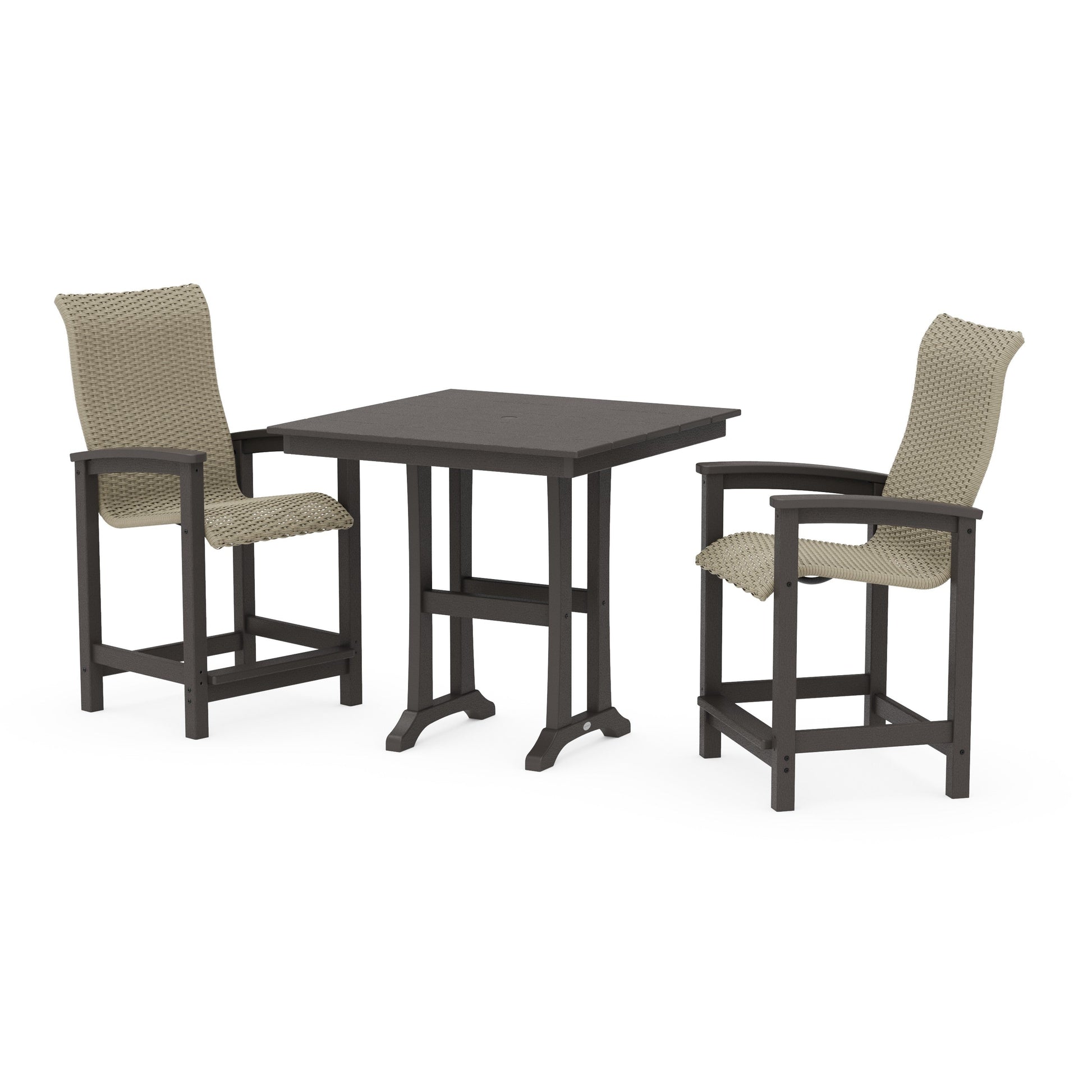 POLYWOOD Coastal Woven High-Back 3-Piece Farmhouse Counter Set with Trestle Legs — Vintage Coffee / Dune Grass
