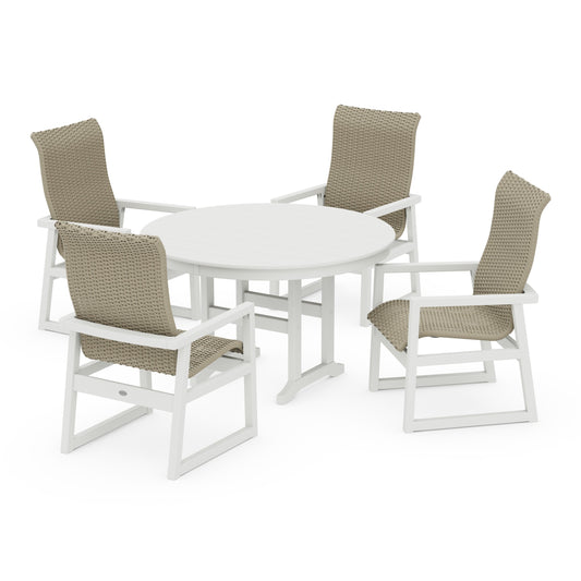 POLYWOOD EDGE Woven Highback 5-Piece Round Farmhouse Dining Set — White / Dune Grass