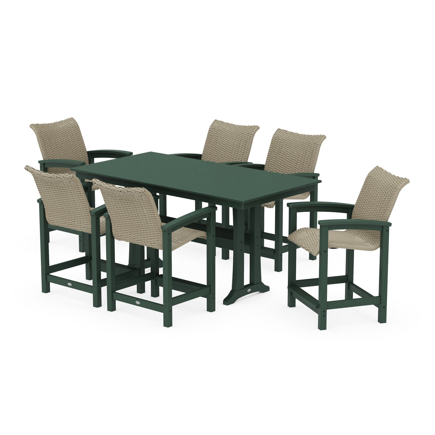 POLYWOOD Coastal Woven Arm Chair 7-Piece Farmhouse Counter Set with Trestle Legs — Green / Dune Grass