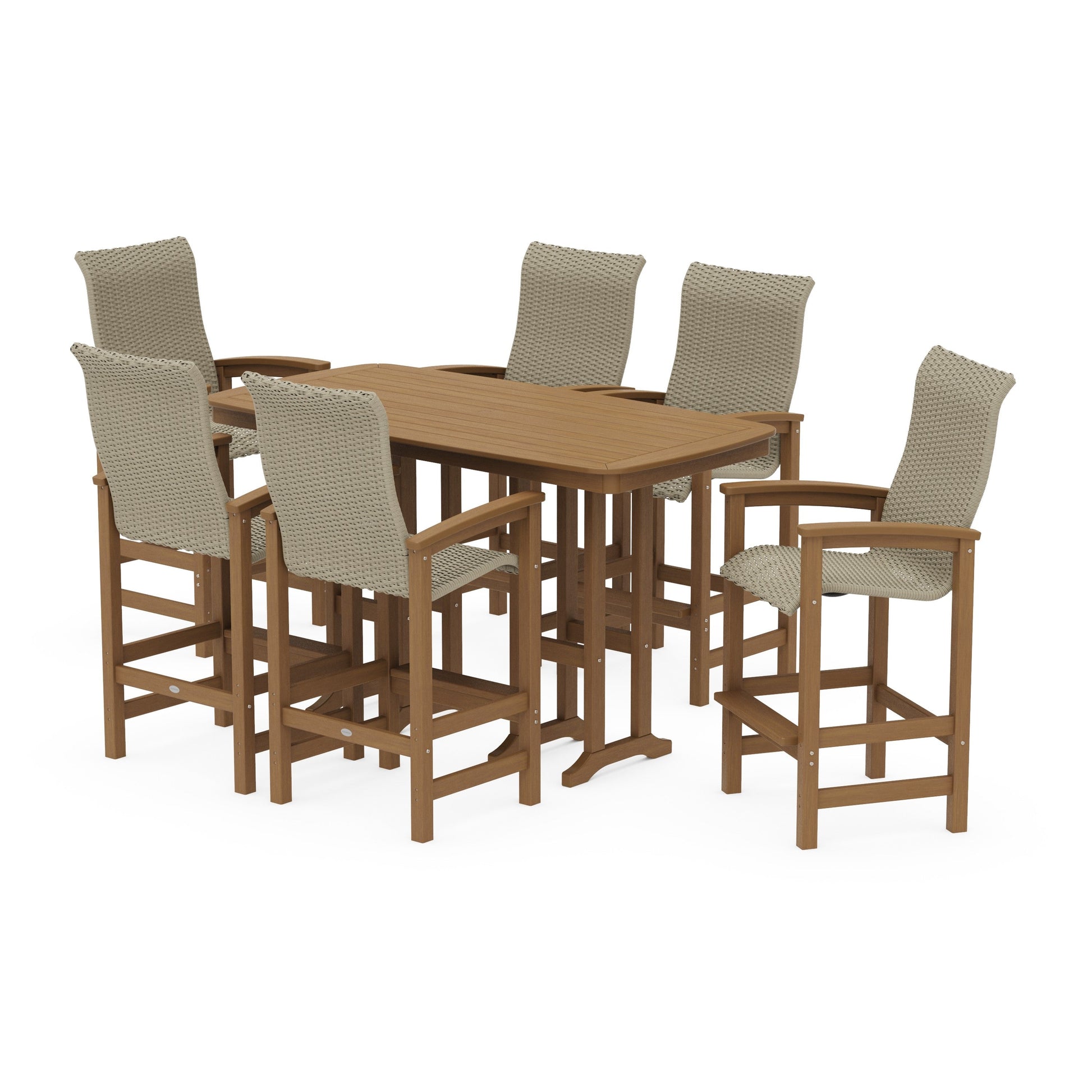 POLYWOOD Coastal Woven High-Back Arm Chair 7-Piece Bar Set — Natural / Dune Grass
