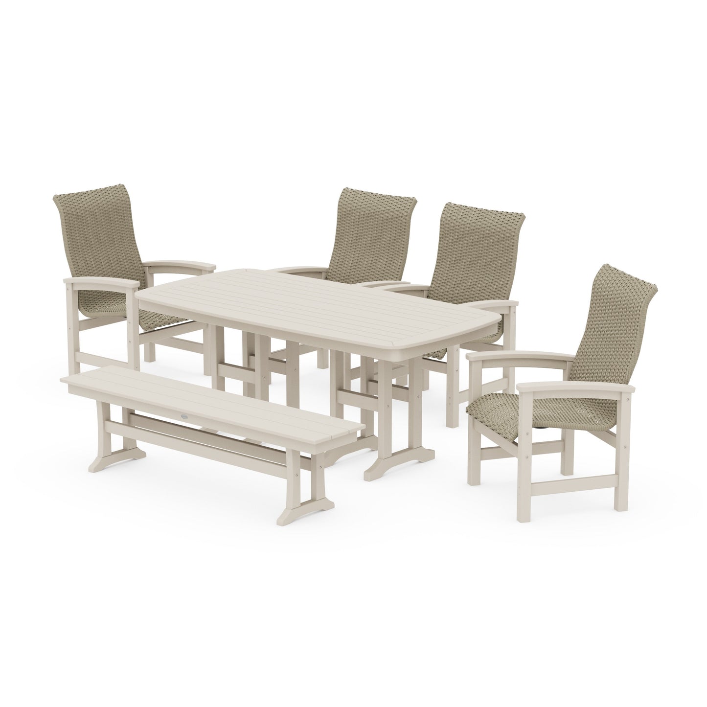 POLYWOOD Coastal Woven High-Back 6-Piece Farmhouse Dining Set with Bench — Sand / Dune Grass