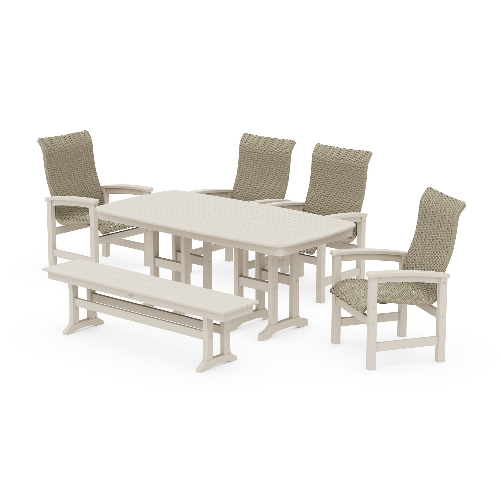 POLYWOOD Coastal Woven High-Back 6-Piece Farmhouse Dining Set with Bench — Sand / Dune Grass